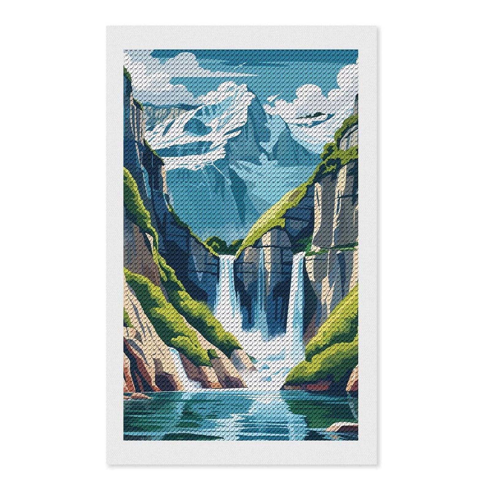 Junmoney Mountain Waterfall Landscape Illustration Diamond Art Canvas 12"x20", for Family Craft Time, Creative Leisure Activity, Living Room Decor, Festive Craft Gift