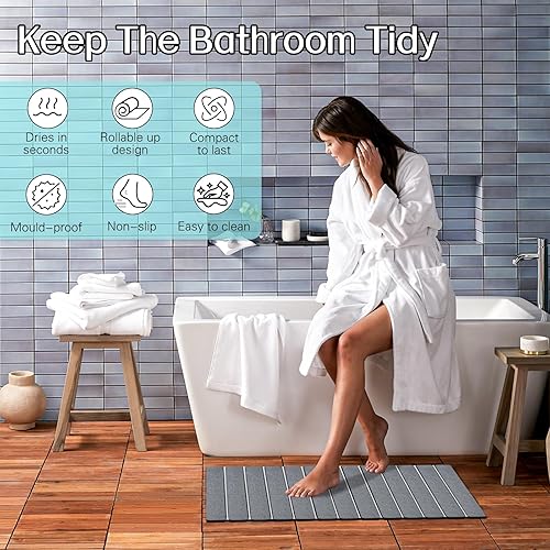 Miniatura 6 de Cuckan Paquete de 2 tapetes de baño plegables de piedra para baño, súper absorbentes, de tierra de diatomeas, de secado rápido, tapetes de secado