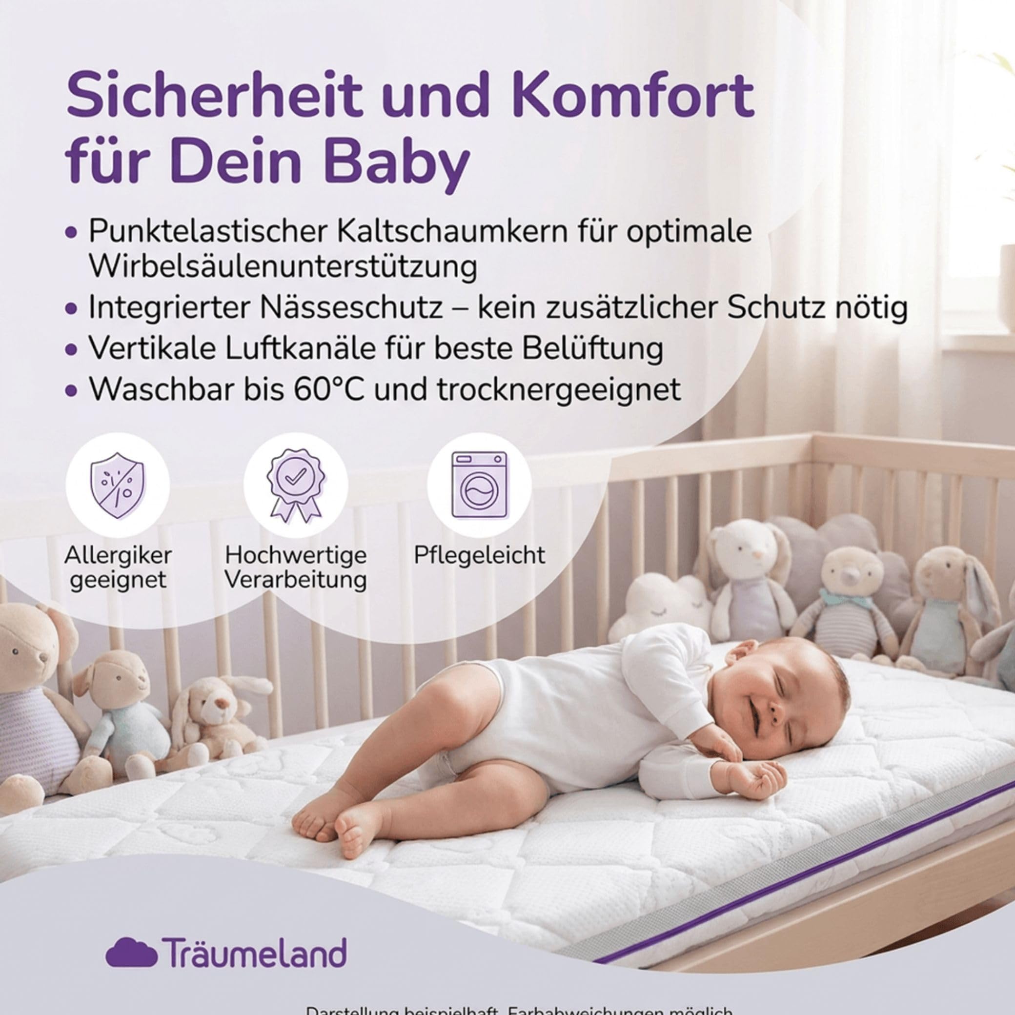 Träumeland Babymatratze Brise Exklusiv | Kindermatratze aus punktelastischer Kaltschaumkern für Stubenkorb, Wiege, Beistellbett | Kinderbettmatratze mit vertikalen Belüftungskanälen