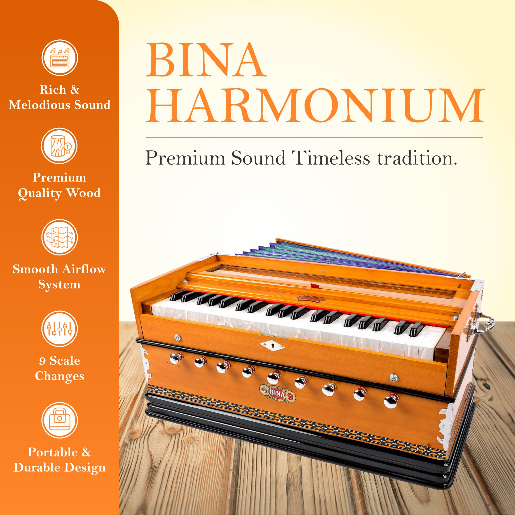 Harmonium BINA Nr. 9 Indisches Harmonium, Edition 2024, 3 1/2 Oktaven, 9 Blendenstufen, 4 zusätzliche Noten, Multifold-Blasebalg, BINA-Spezialblatt, kariert und zurückgeführt von Aakrati Musicals