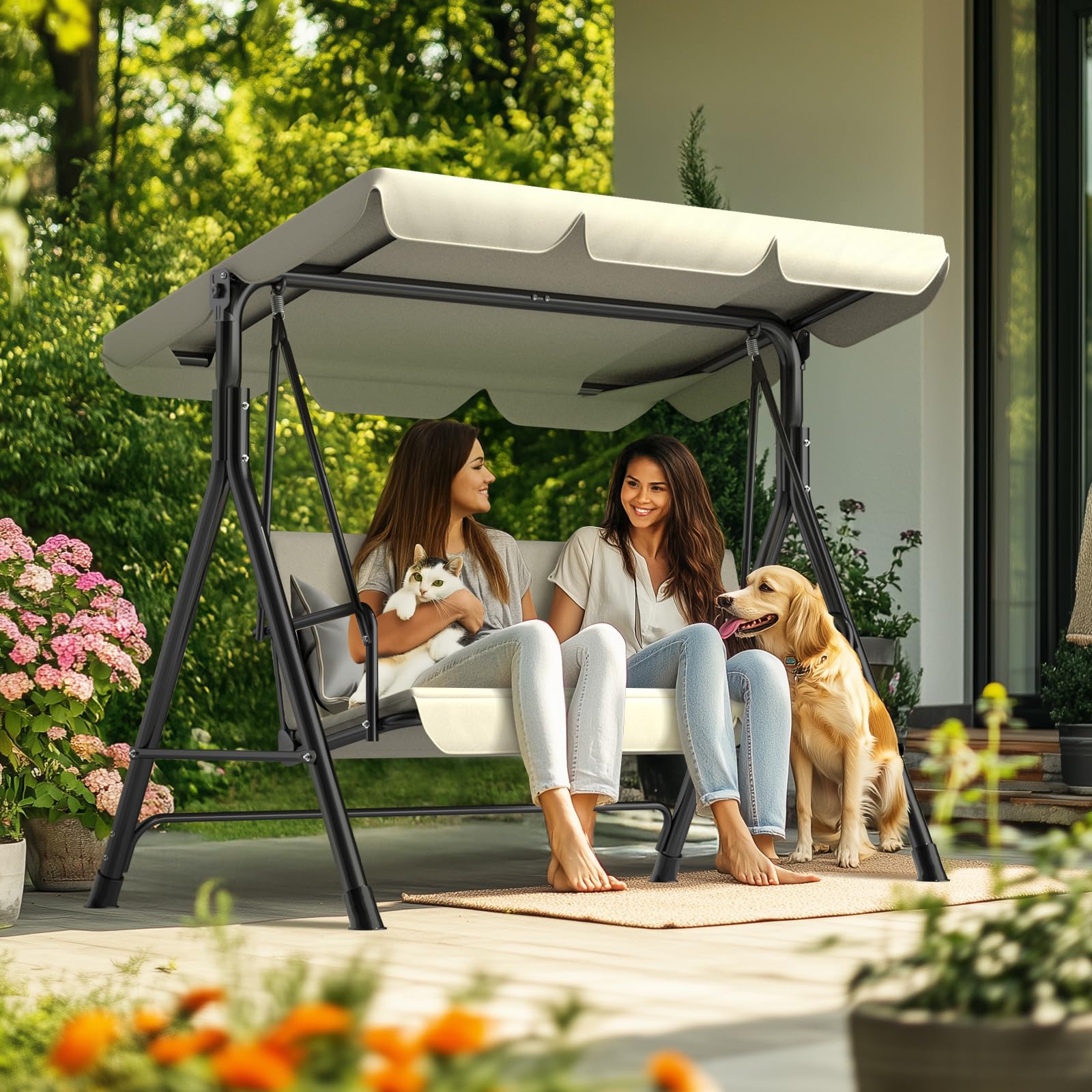 Balancelle de jardin 3 places avec toit pare-soleil réglable - Banc à bascule ergonomique résistant aux intempéries - Idéal pour le jardin, la terrasse - Montage facile - Beige