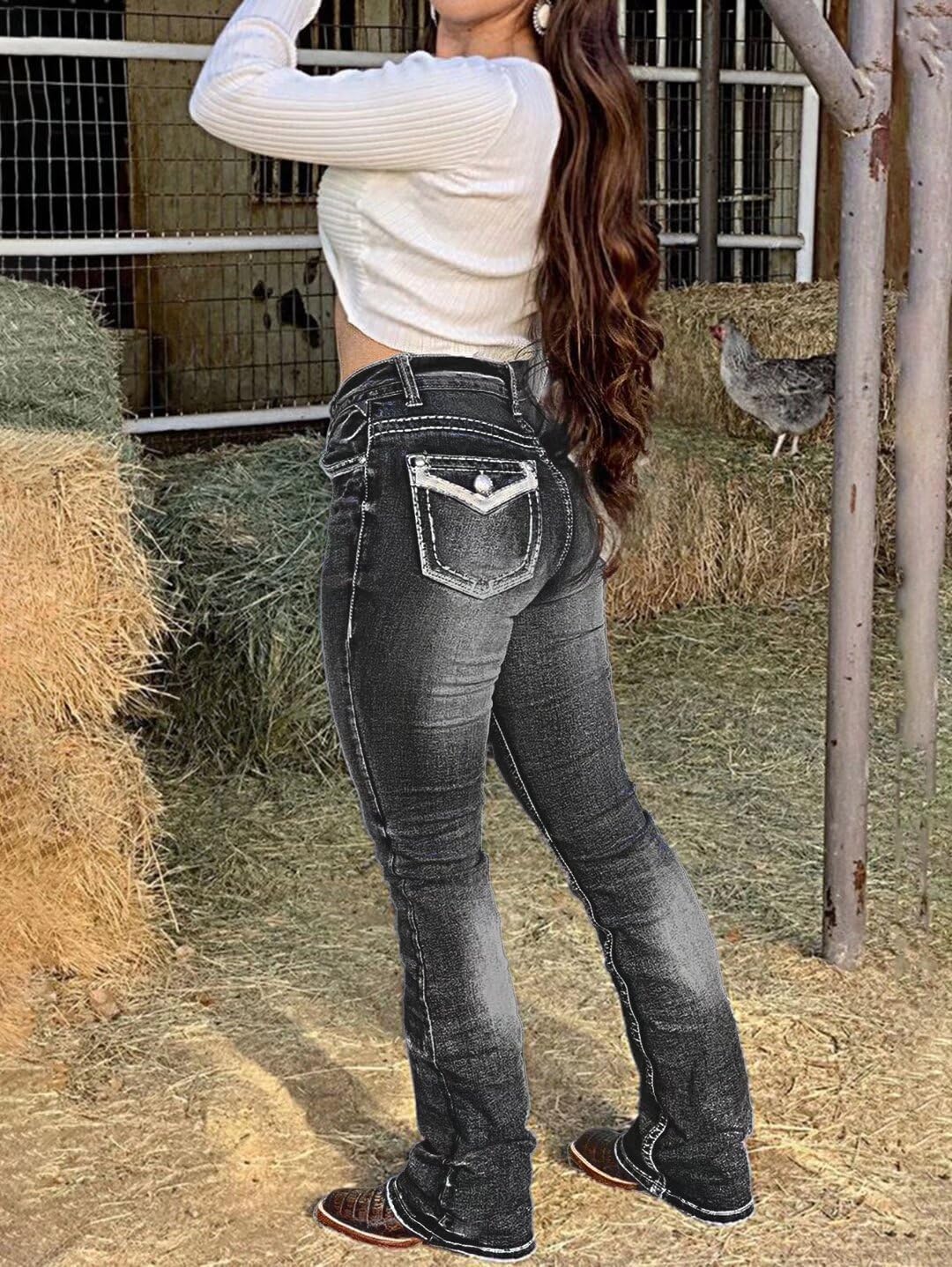 Flamingals Boot Cut Jeans for Women Trendy Stretch Jeans Butt Lifting Tummy Control Denim Pants Sea Blue 2XL