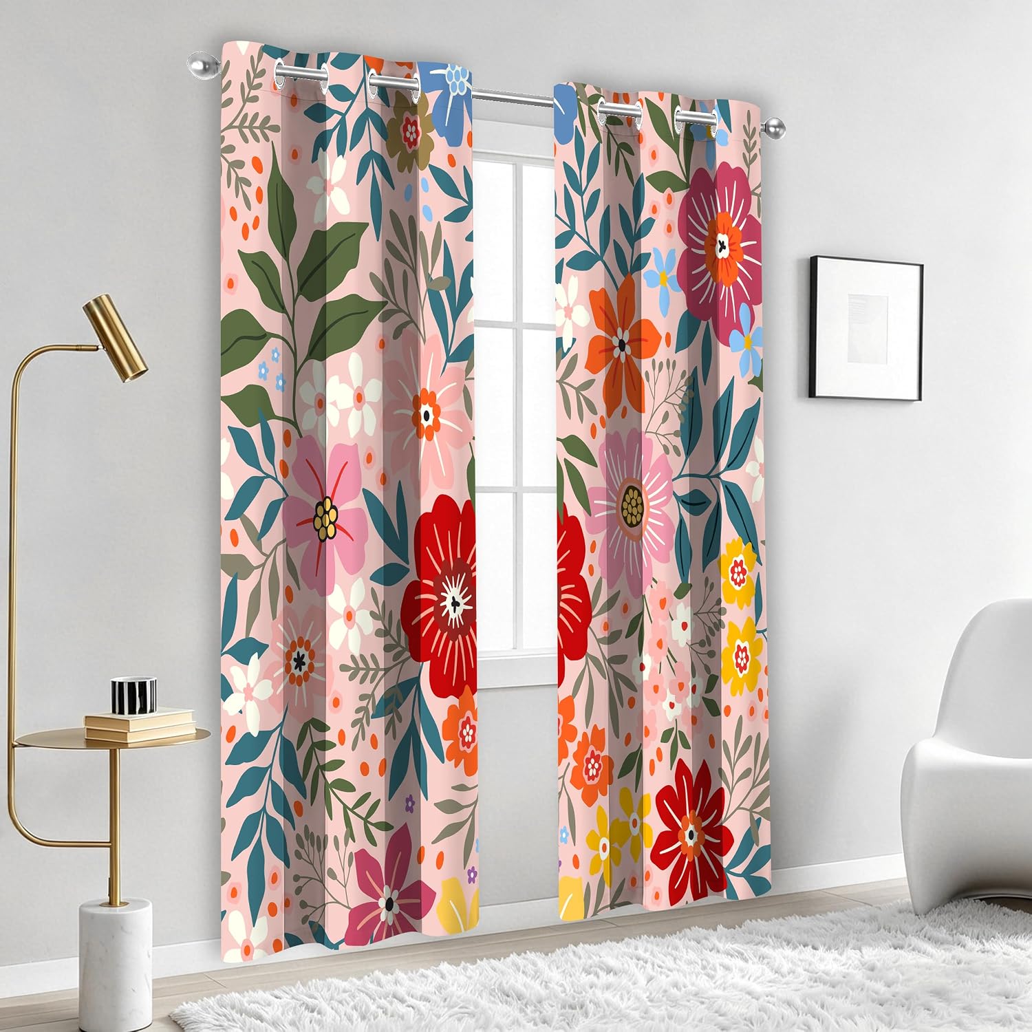 Pink Floral Curtains for Living Room Boho Pink Flower Green Leaves Botanical Print Girls Bedroom Curtains Room Darkening Grommet Window Drapes 2 Panels 42x84 Inch