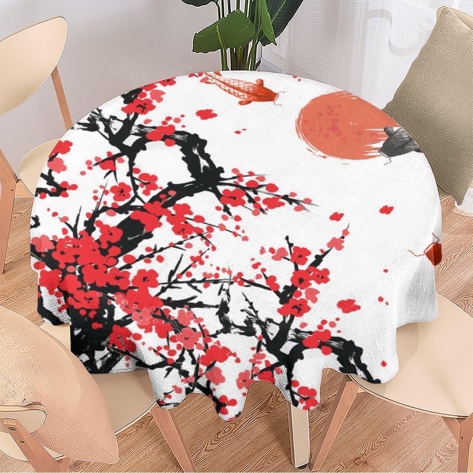 SMAZDFXX Vintage Japanese Round Tablecloth Table Cover Rustic Watercolor Japan Red Sun Fish Cherry Blossom for Kitchen Dining Room Table Party Birthday Wedding-36Inch