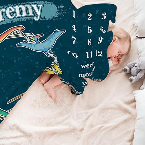 Miniatura 3 de Artsadd Manta de hito mensual personalizada para bebé con nombre, manta de vellón personalizada con estampado de dinosaurio para baby shower,