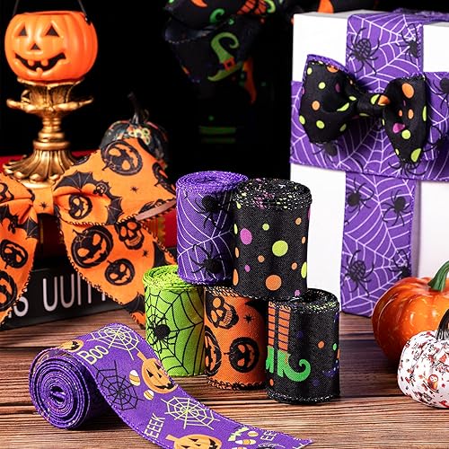 Miniatura 3 de 6 rollos de cintas de Halloween con alambre de 30 yardas de cinta impresa de tela de araña de murciélago, patas de bruja, sombrero de calabaza,