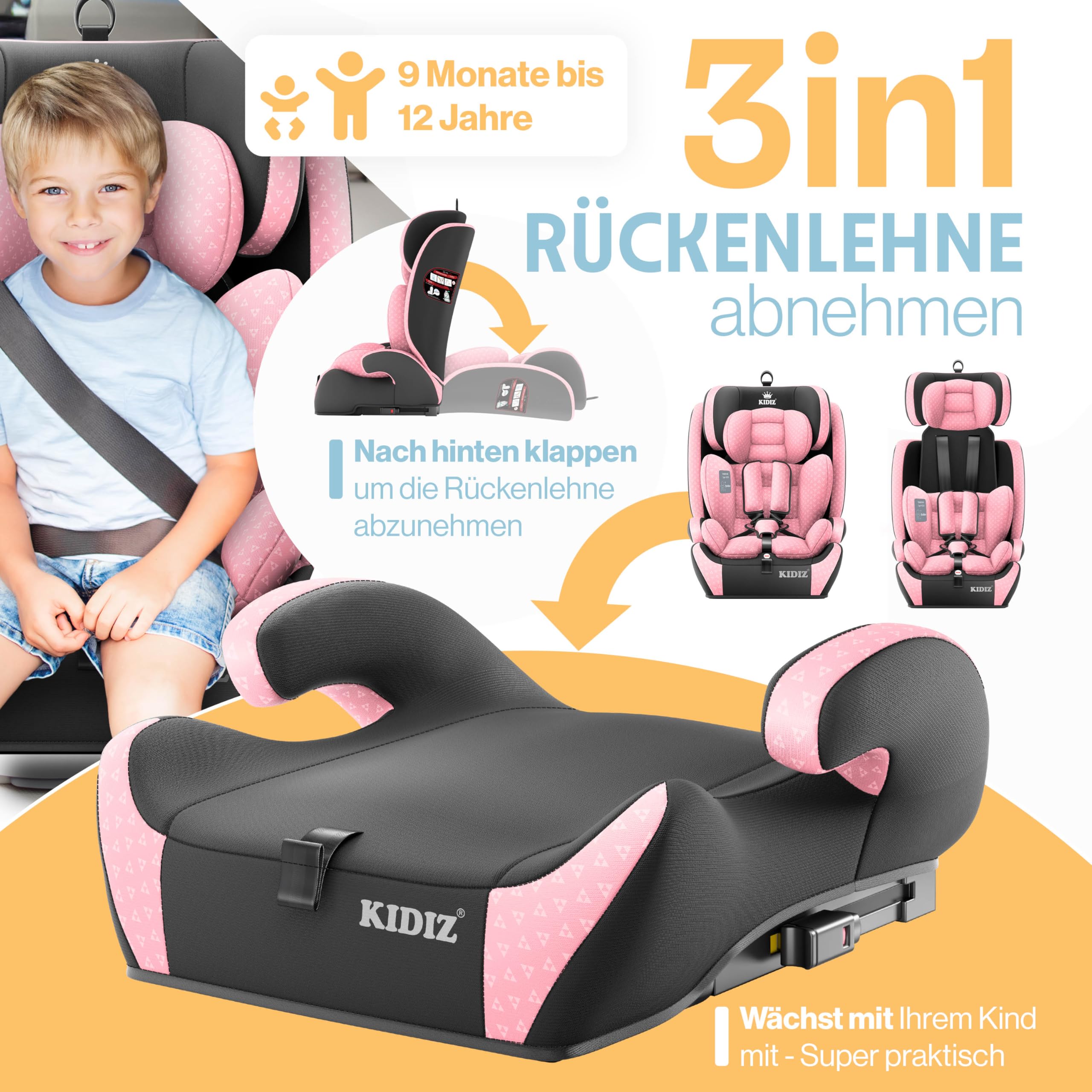 KIDIZ® Asiento infantil Triangle Premium con Isofix | Asiento infantil para coche | 9 kg – 36 kg 1 – 12 años | Grupo 1/2/3 | Universal | Homologado según ECE R129/03
