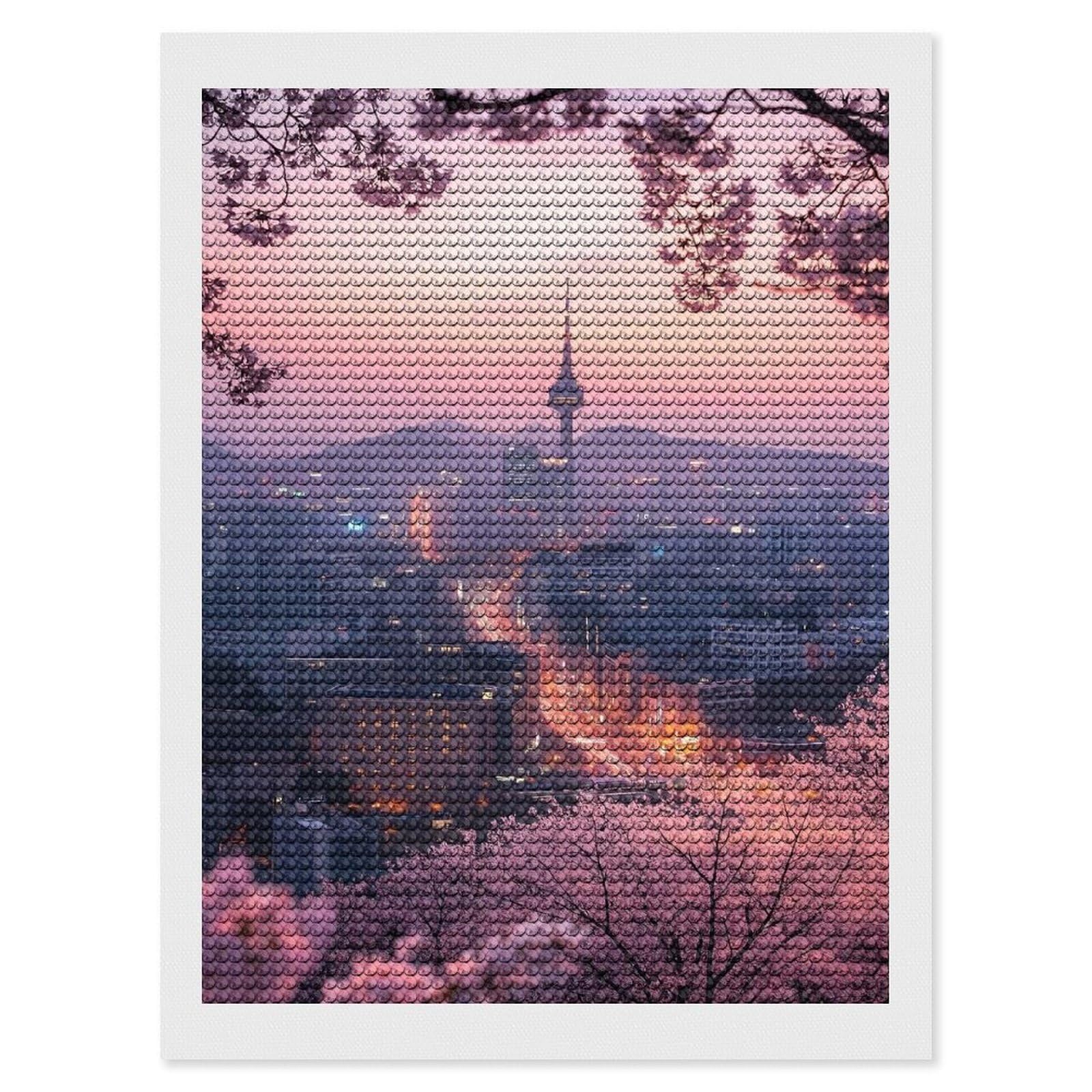 Junmoney Seoul Cityscape with Cherry Blossoms(2) Full Drill Diamond Painting Kit 12"x16", Mindful Craft Activity, Bedroom Decor, for Adults, Gift Idea
