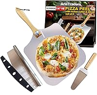 Vista 1 de Aluminum Metal Pizza Peel 16 Inch, Extra Large Pizza Paddle (14"X 16") With 14’’ Pizza Cutter Rocker & 10” Pizza Server, Pizza Spatula Paddle With