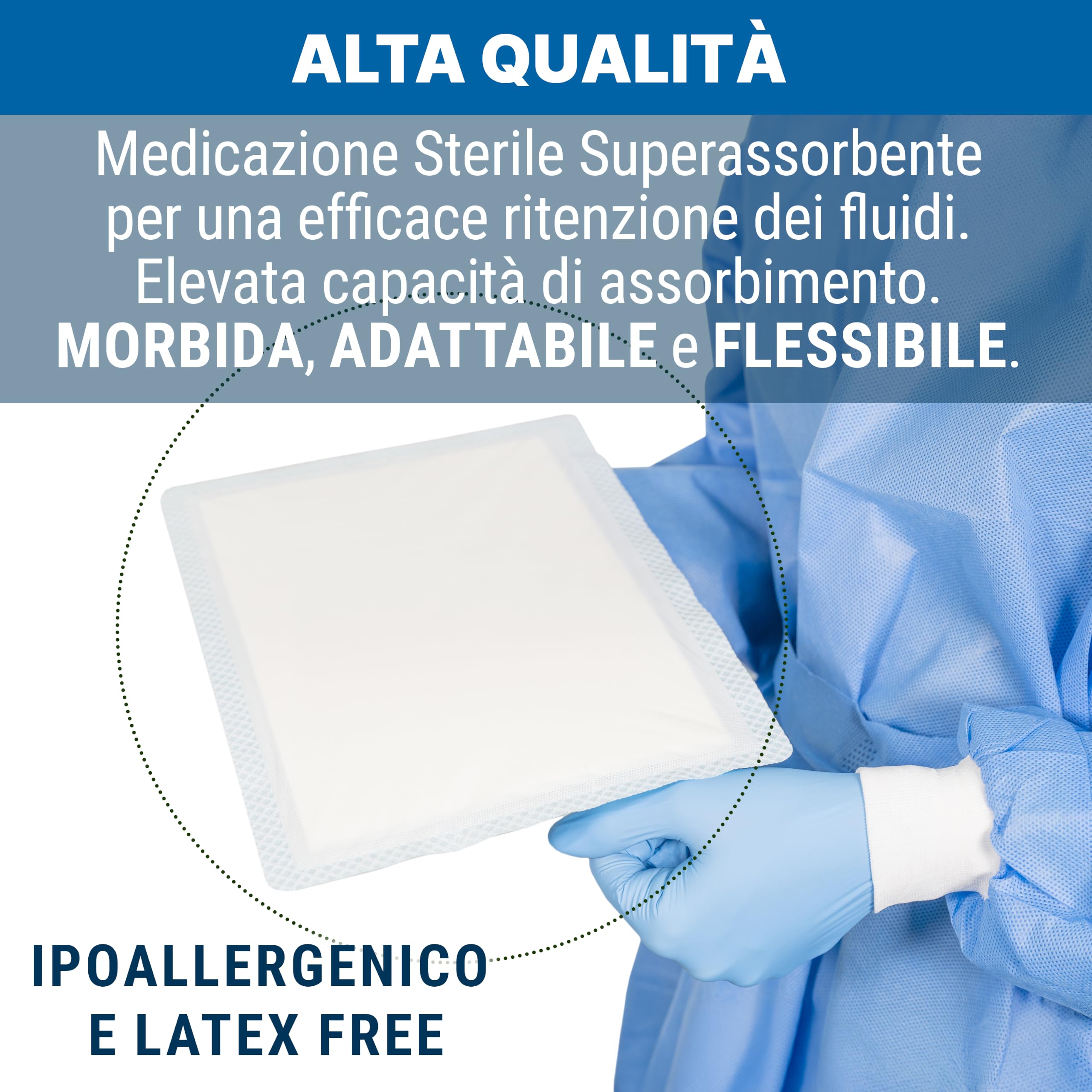 Medicazione Sterile Superassorbente - 20x30 cm - Ideale per Ferite Essudanti - Non Adesiva - Monouso - Morbida e Flessibile - Busta Singola da 1 Pezzo - Confezione da 20 Buste