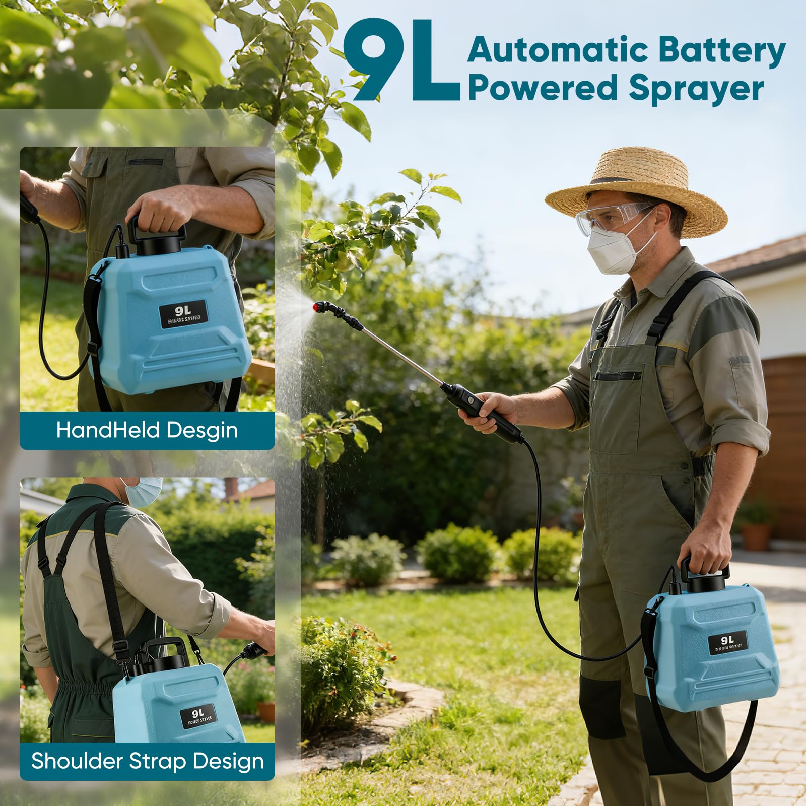 Pulvérisateur à pression électrique, pulvérisateur à pression sans fil de 9 litres avec batterie rechargeable USB, 3 buses de pulvérisation, lance de pulvérisation extensible et bandoulière
