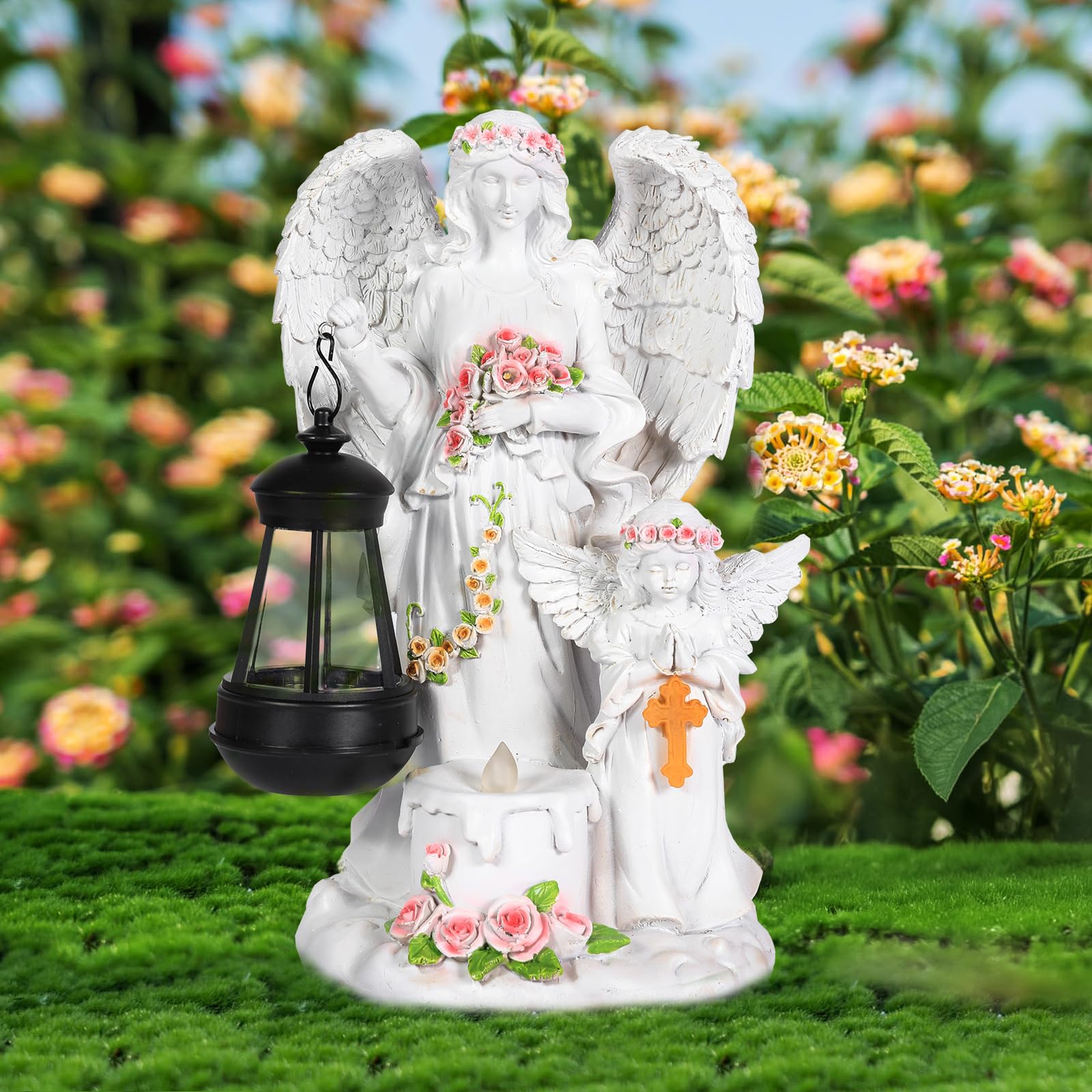 Syfunlv Solar Engel Gartenfigur mit LED Laterne, Wetterfeste Schutzengel Statue für Außen Friedhof Terrasse Hof Grabschmuck Stil 2