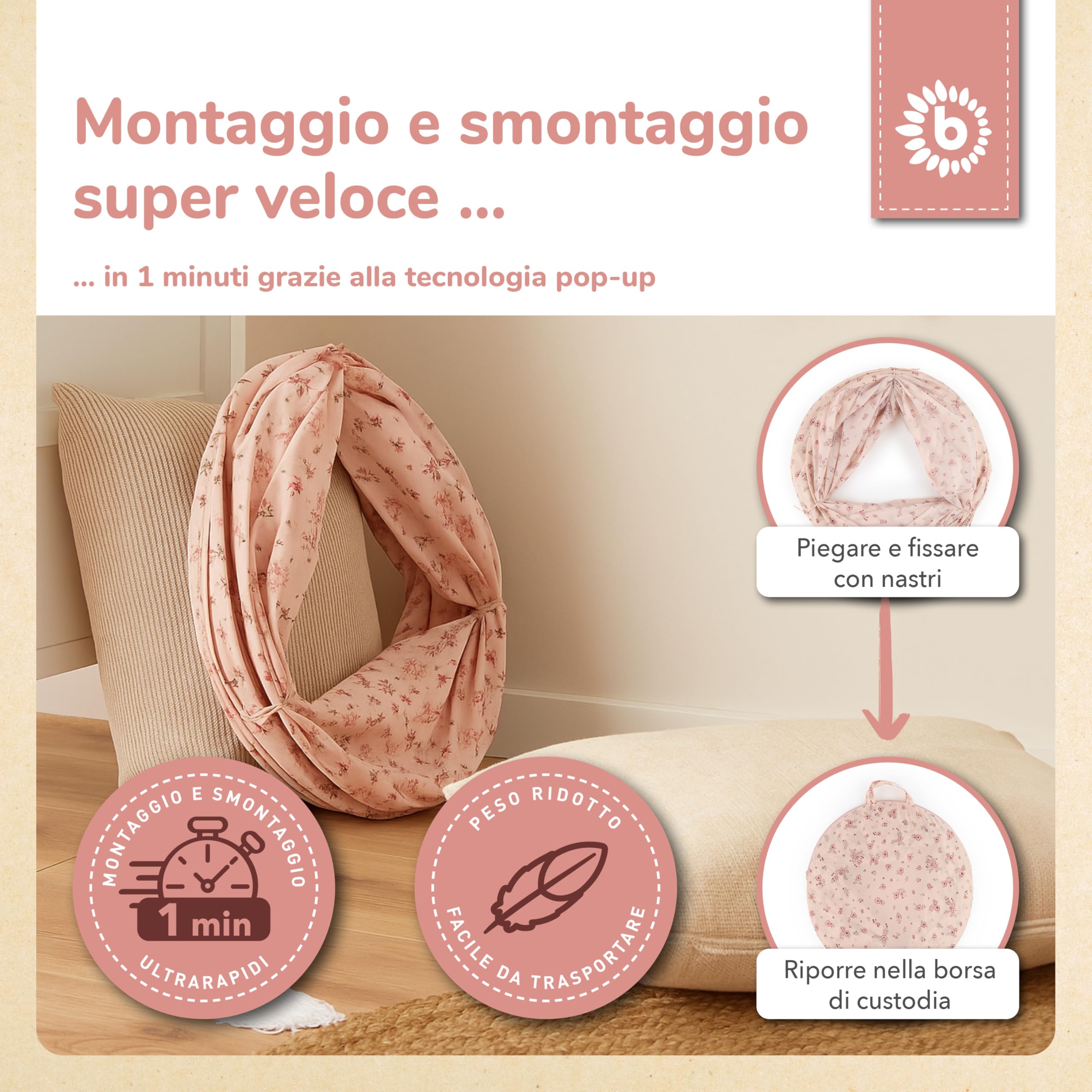 Bieco Pop Up Tunnel Flori Sognanti per Bambini da 1 Anno | 180 x 46 cm