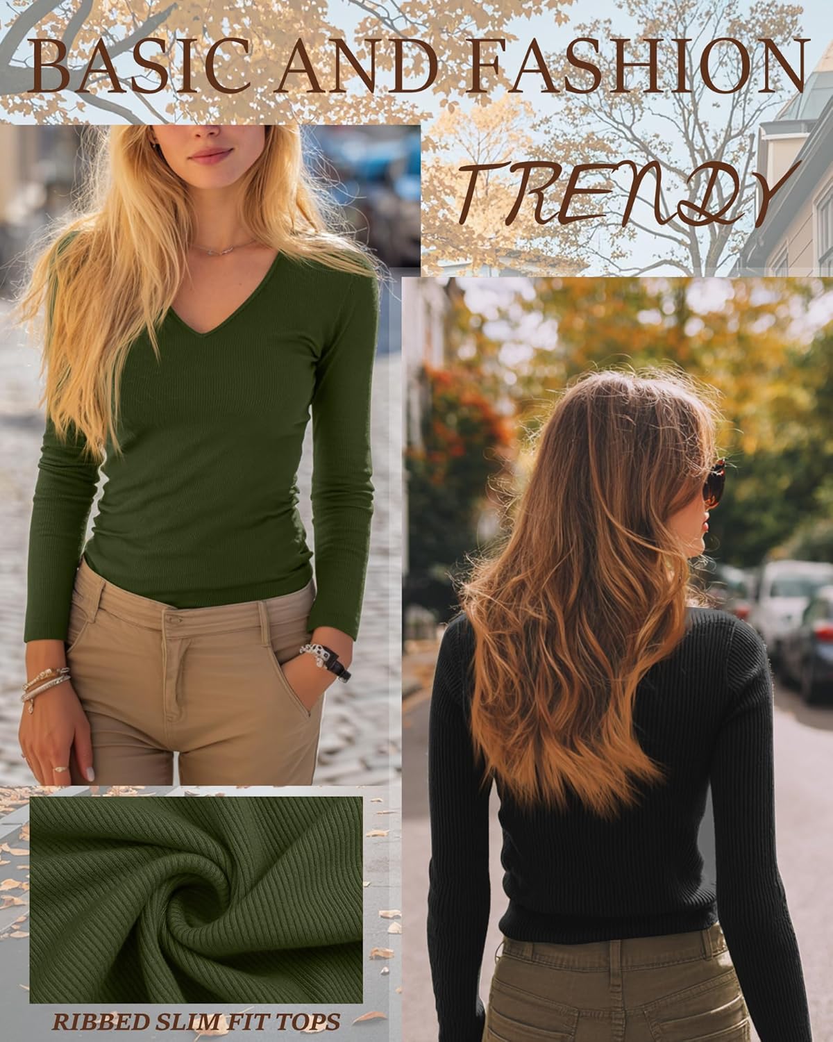 Ficerd 3 Pack Women's Long Sleeve T Shirts Cotton V Neck Slim Fit Tops Ribbed Knit Layering Casual Basic Tees Fall - Image 5