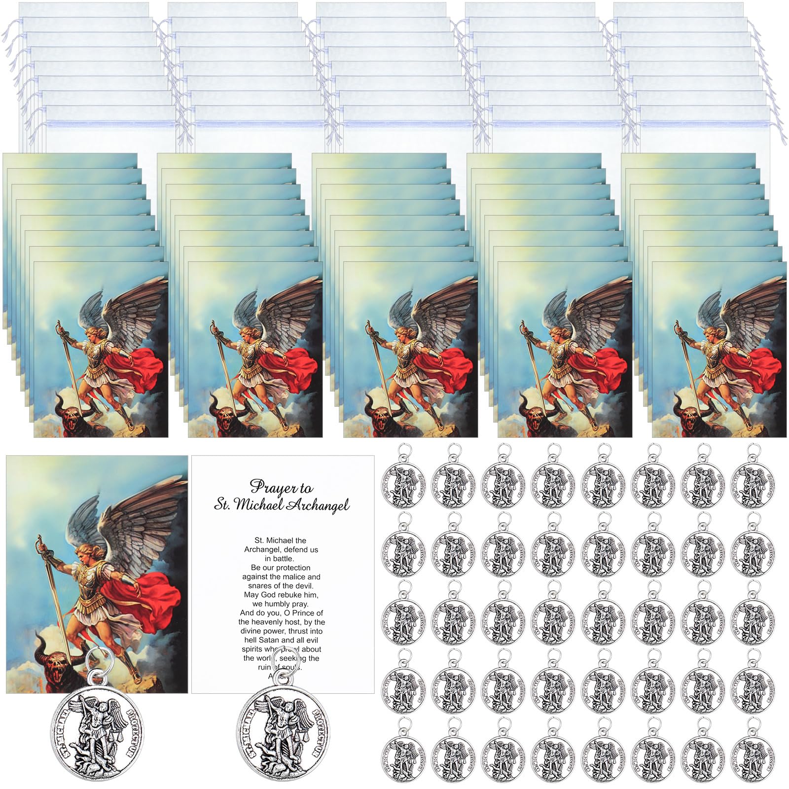 Remuuly 120 Pieces Medals Prayer Card Set, 3/4 Inch Round Silver Oxidized Medals for Necklace Holy Prayer Cards Bags for Catholic Women Men Jewelry Making