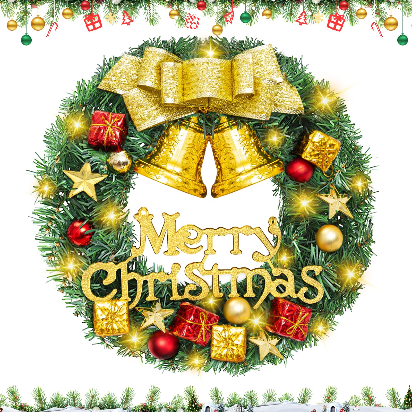 Corona Puerta Navidad, Campana, Cinta Dorada, Decoración Navideña Puerta, Aldaba, Corona de Navidad para Puerta, Corona Navideña, Adornos Navideños, Decoración para Adviento y Navidad