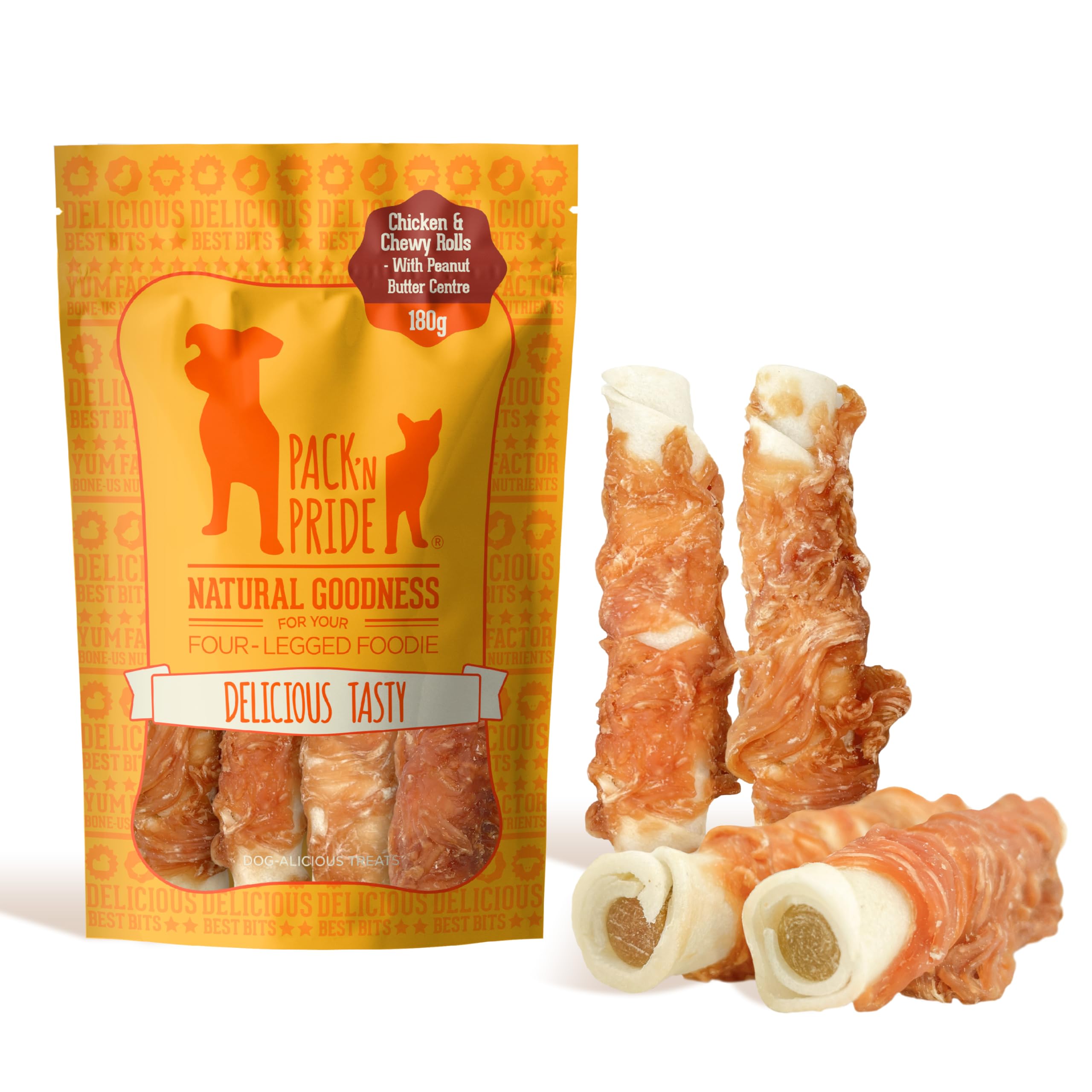 Peanut Butter Dog Treats, 180g Chicken Wrapped Rawhide Dog Chews Long Lasting for Medium&Large Dogs, Tasty Training Reward