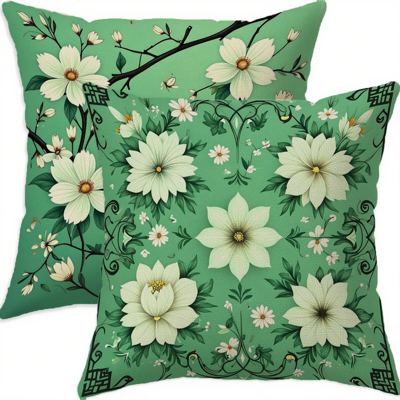 Housse coussin 60x60cm anti-tache imperméable lot de 2 housses en lin motif vert B334