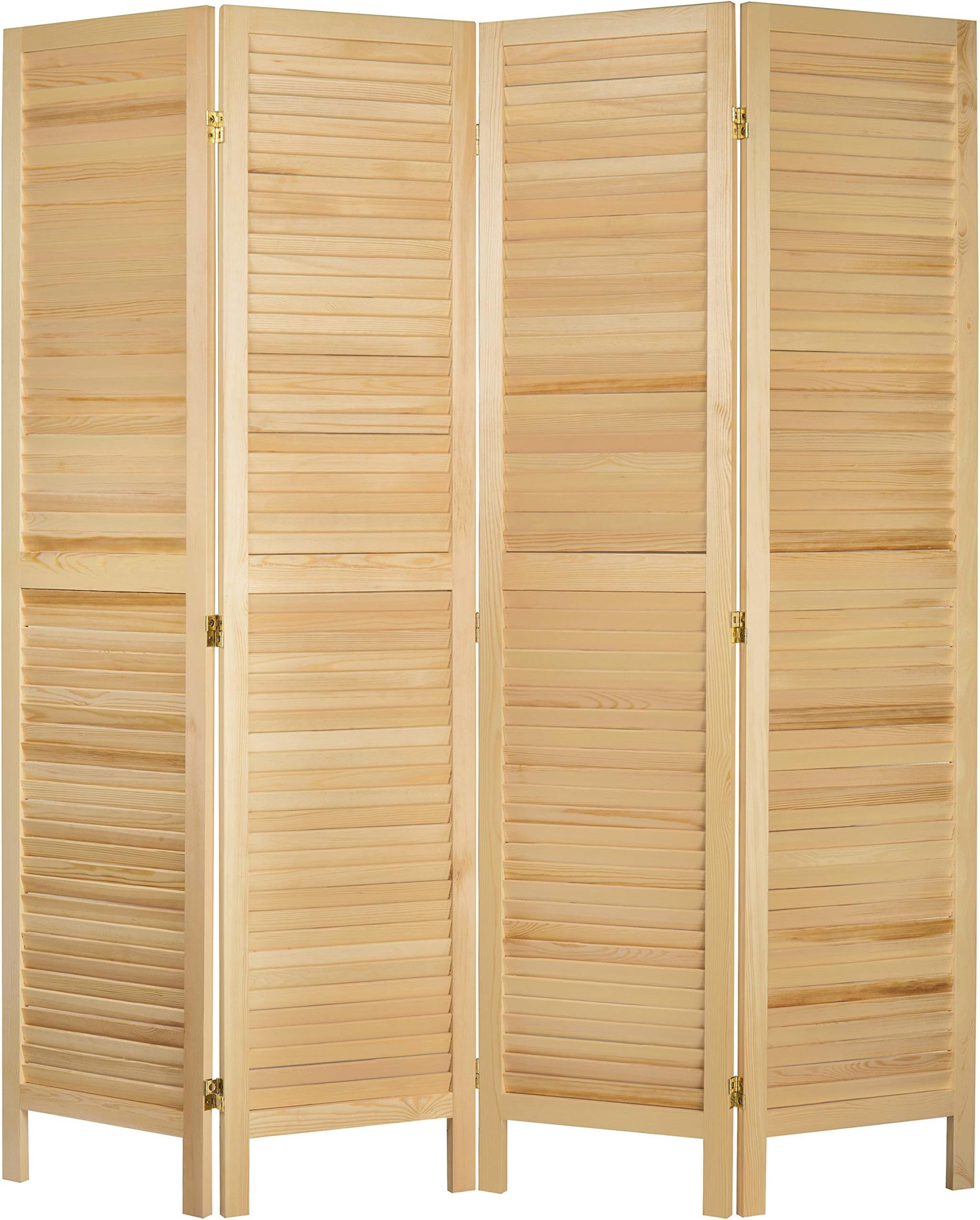 MyGift 4-Panel Natural Wood Louvered Room Divider with Dual-Action Hinges