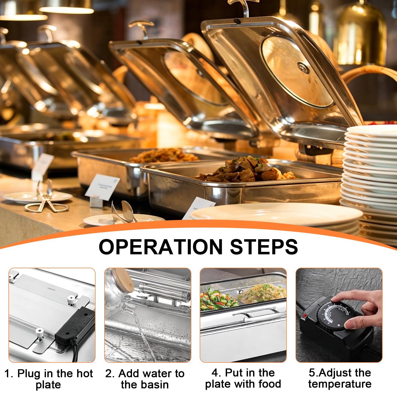 Calentador Buffet Electrico 9L, Regulable Temperatura 30-85 °C, 1/1 | Chafing dish comercial bufé, calentador de comida buffet electrico para catering, bodas y fiestas, acero inoxidable