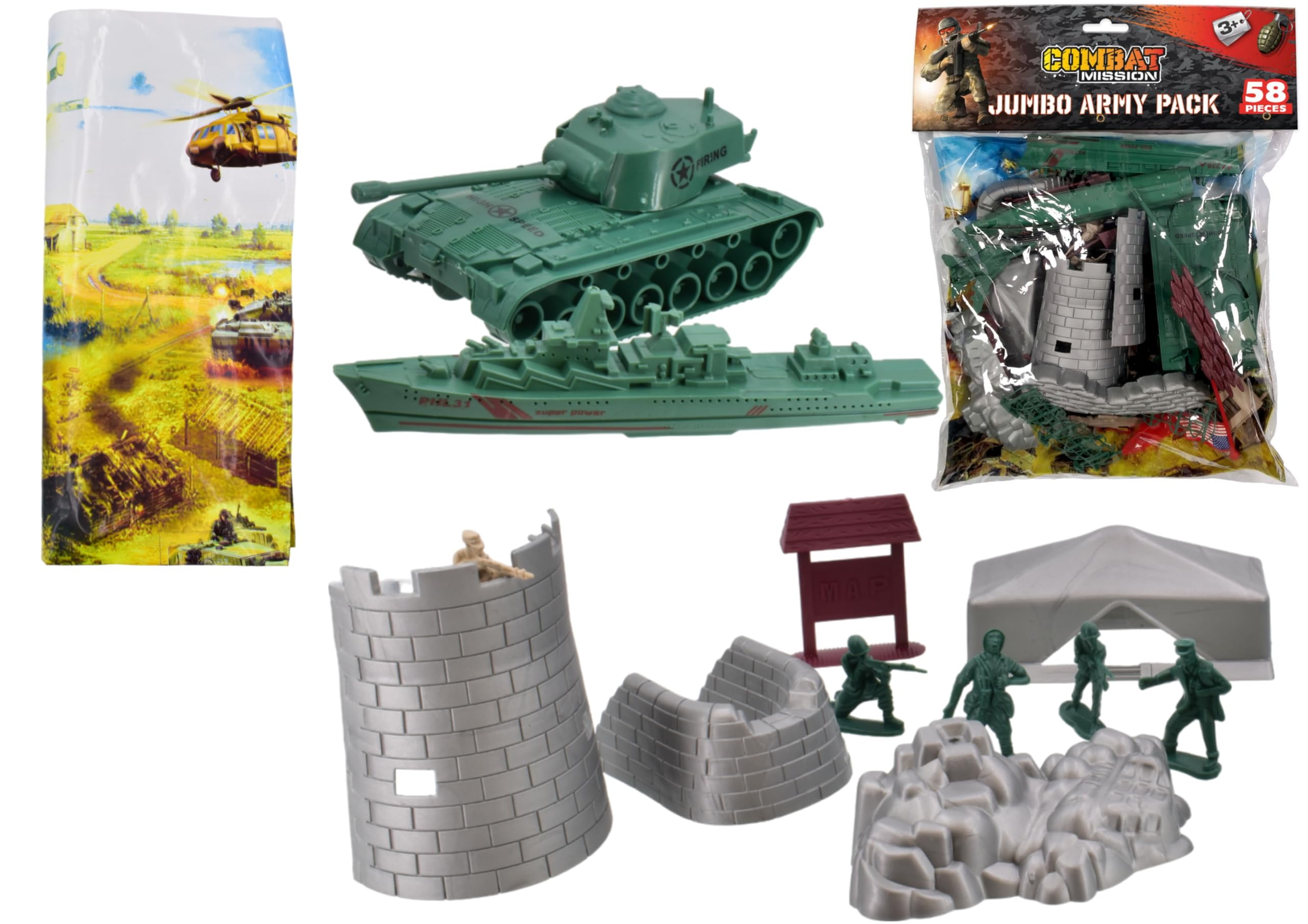 KandyToys Combat Mission Plastic Toy Soldiers Jumbo Army Pack, Green, 58 Pack