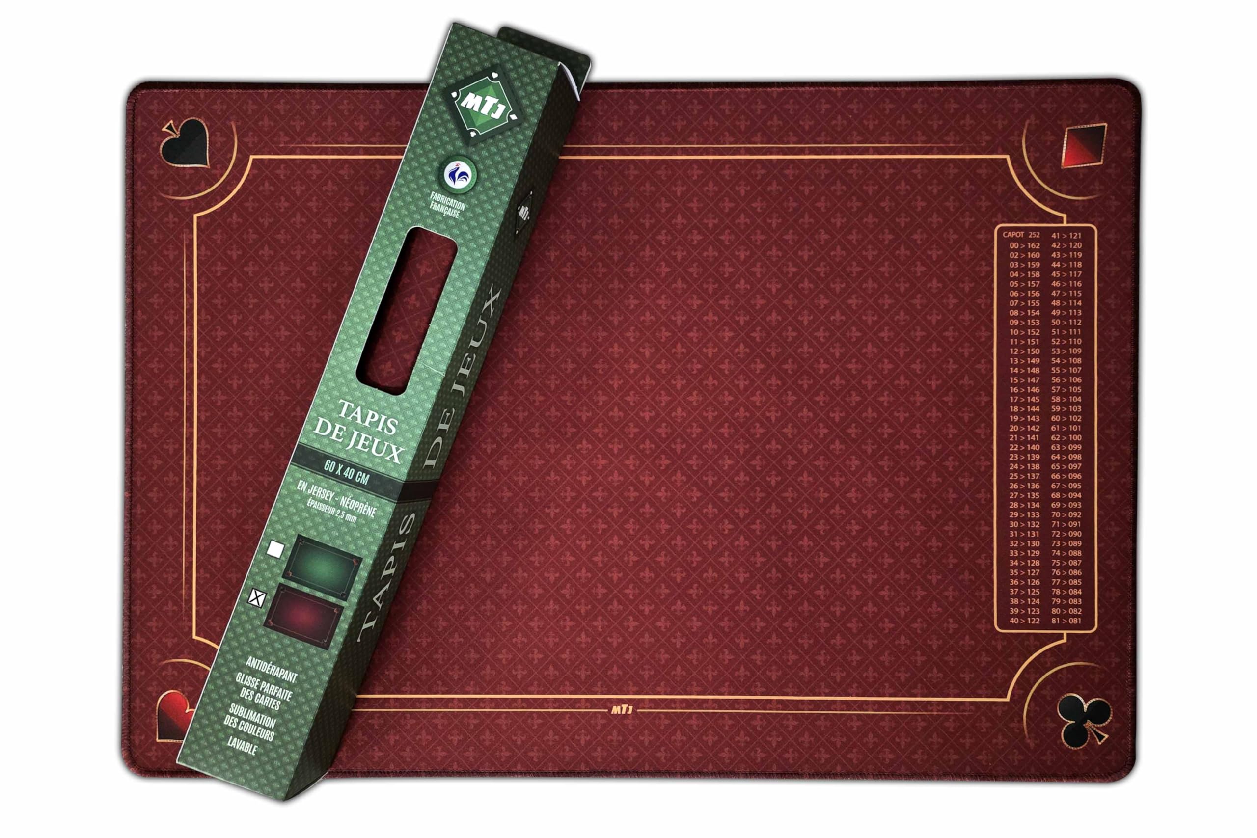 MTJ - Tapis Belote de Luxe Galonné - 60x40 cm - Matière Jersey Néoprène - Fabrication Française (Rouge)