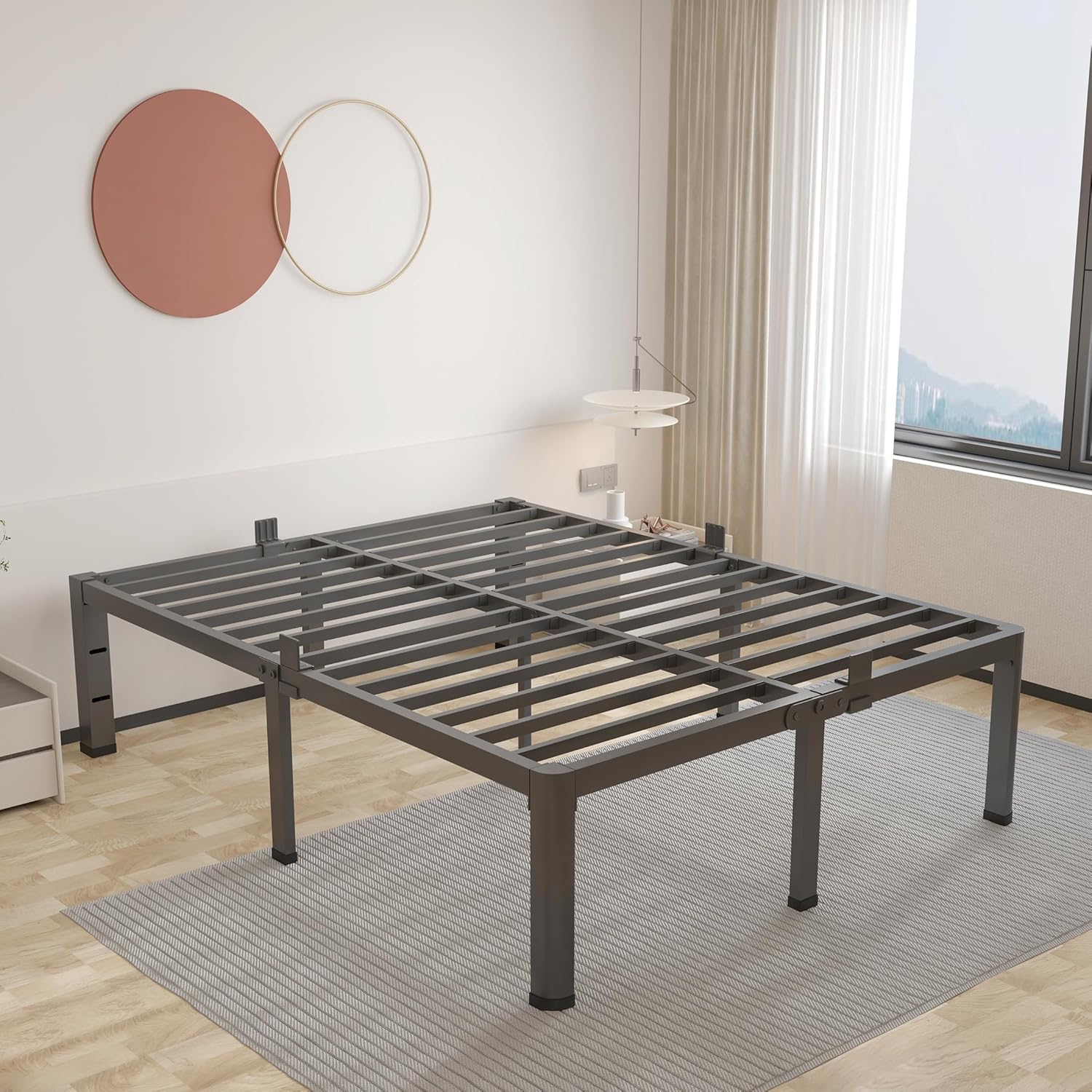 ROIL 18 Inch King Bed Frame with Rounded Corner and Headboard Hole Mattress Retainers 3500LBS Metal Heavy Duty Steel Slats No Box Spring Needed Platform Noise-Free Easy Assembly