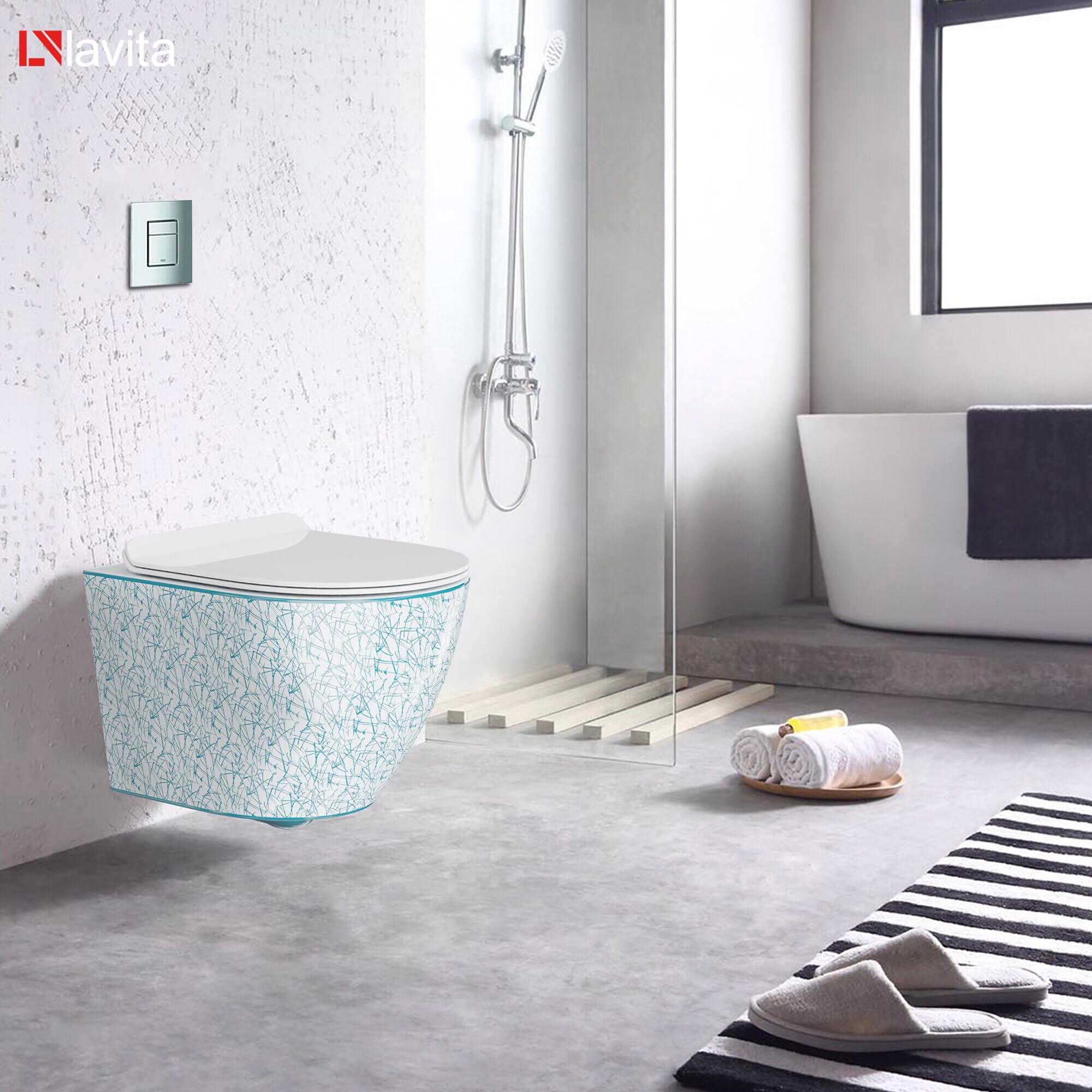 LAVITA Elemento de pared Solido + pared colgante WC Sofi Slim Kresz blanco/azul sin borde + asiento de inodoro SoftClose | Botón cromado | Juego completo | cisterna empotrada | inodoro completo