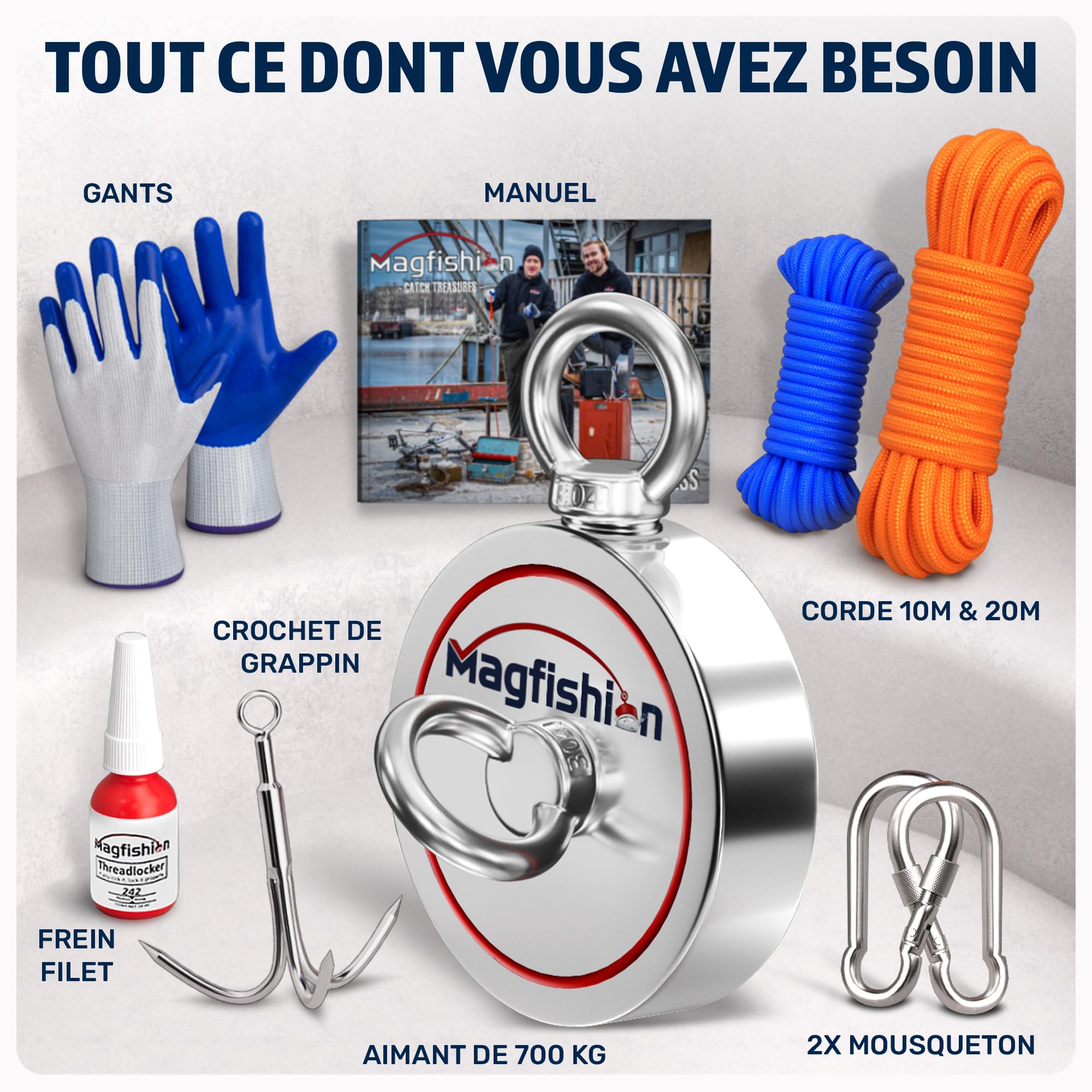 MAGFISHION Aimant Neodyme Puissant - Traction de 700KG (2 x 350KG) - Aimant de Pêche - Ø94mm - Peche a l'aimant avec 2 Cordes, Crochet Triple et Gants - Kit de Pêche Super Magnétique
