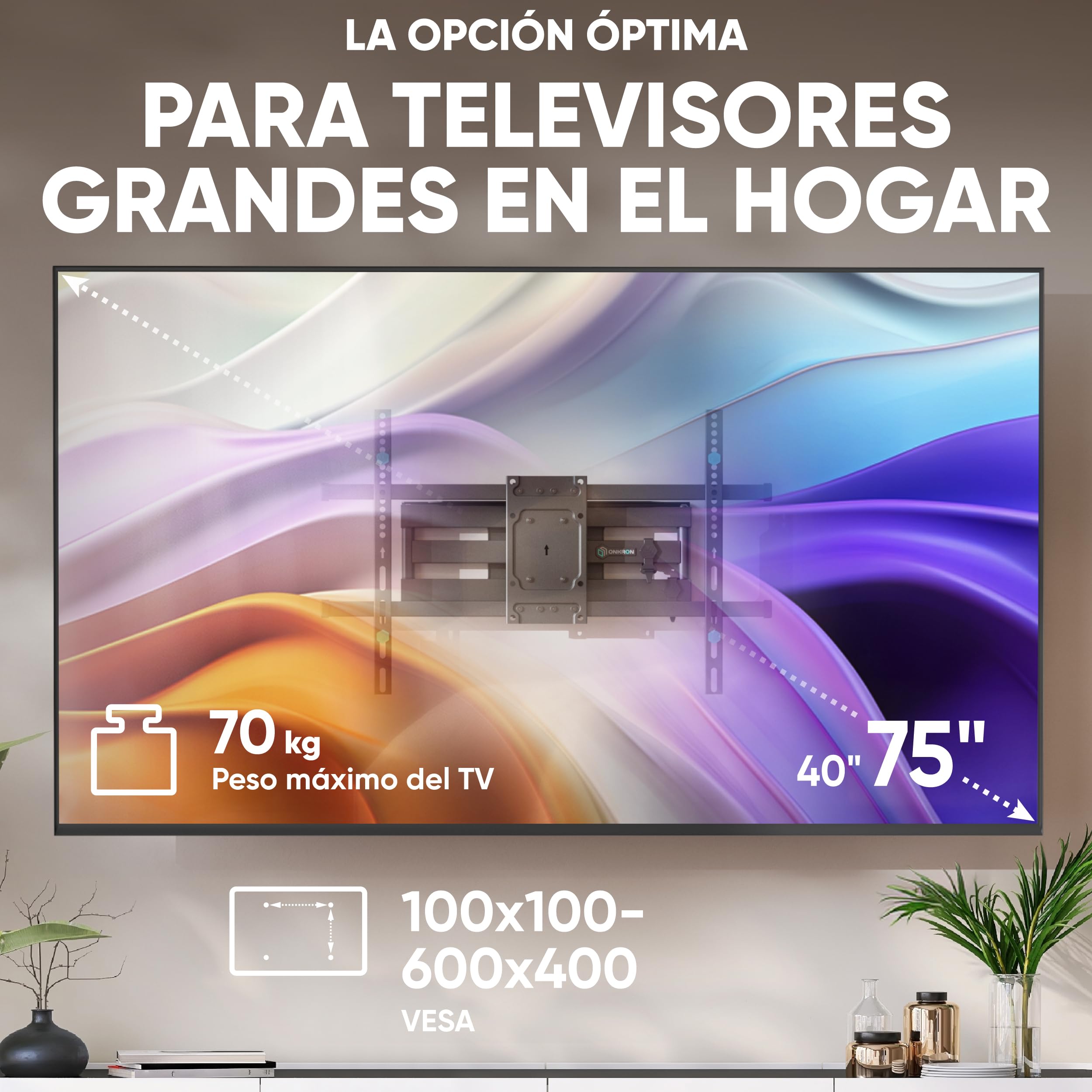 ONKRON Soporte TV Pared 40-75 Pulgadas, hasta 70 kg, VESA 100x100-600x400 mm, Soporte TVs Ajusable, Inclinable y Giratorio 180°, Sujecion TV Pared Extensible con Nivelación ±4°, Negro M6L-B
