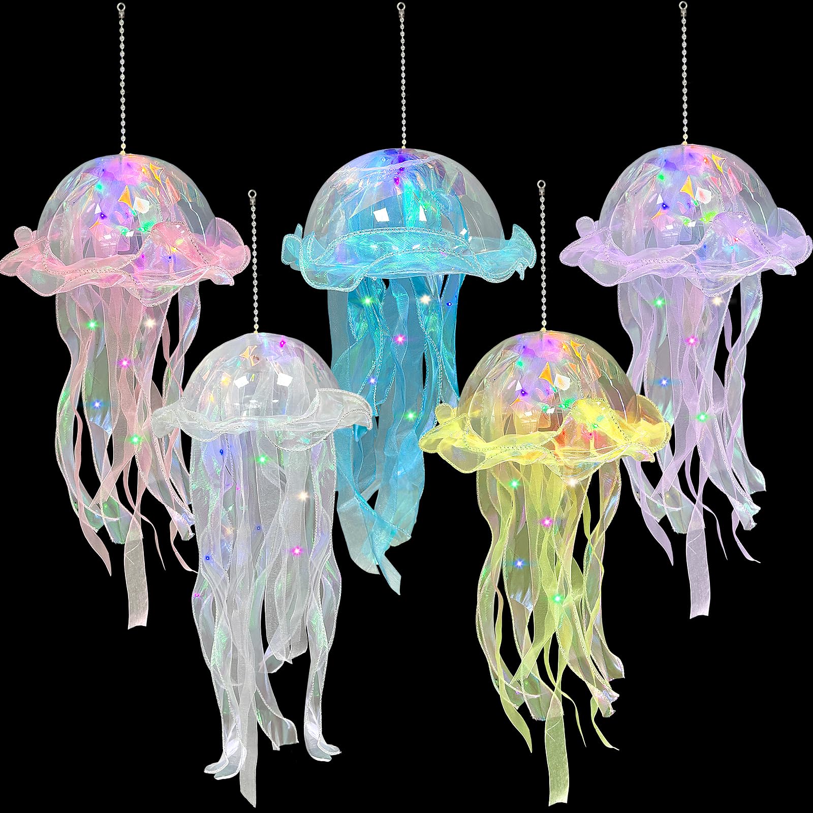 FOWSRHRG 5PCS LED Jellyfish Lantern, Hanging Party Lights Mermaid Birthday Decorations Colorful Glitter Jellyfish Lantern Girls Fitting in Ocean Theme Events, Wedding, Bedroom-Random Color
