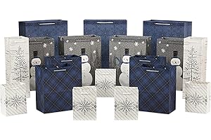 Hallmark Assorted Christmas Gift Bags Bulk - Snowflake, Tree, Snowman, Plaid