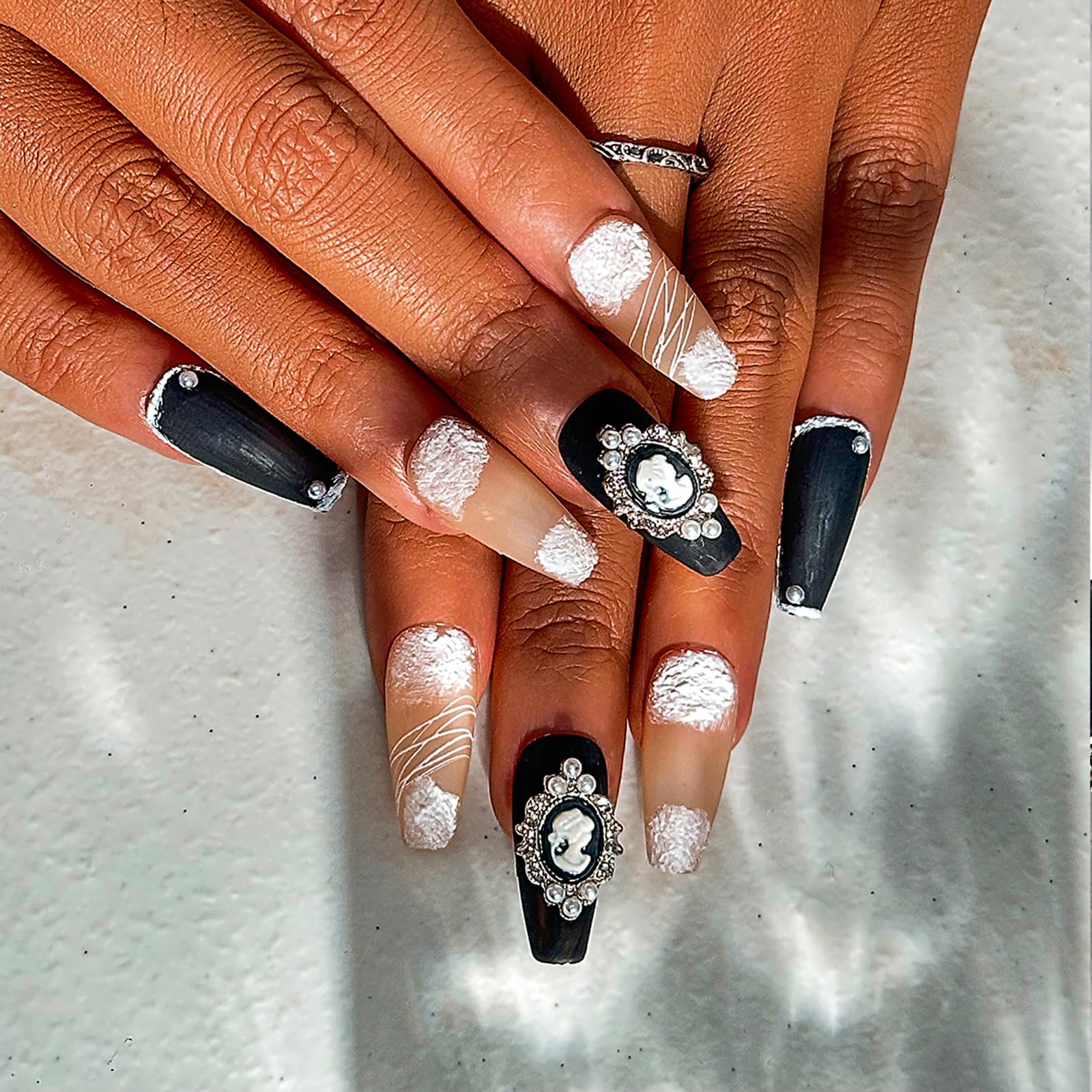 Sethexy Black Matte Handmade Fake Nail 3D Bow Long Coffin Press on Nails Pearl Acrylic False Nail Salon Durable Quality Nails for Women and Girls