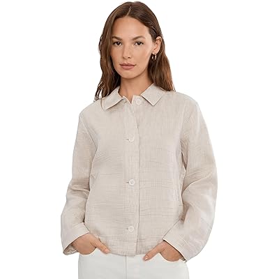 Eileen Fisher Striped Organic Linen Sheen Classic Collar Jacket wheat