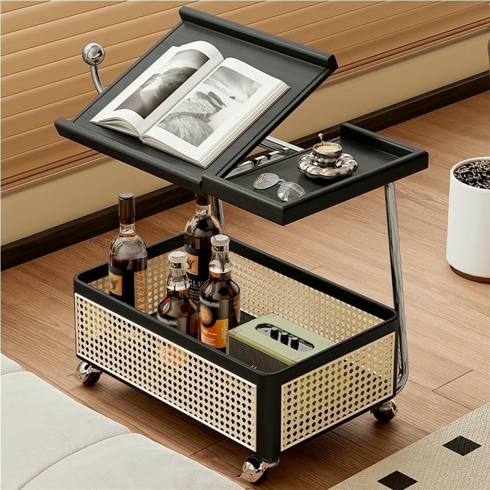 Eiwitany Adjustable Top C-Frame Rolling Side Table Equipped with Rattan Storage Basket, Mobile End & Coffee Table for Living Room (Black)