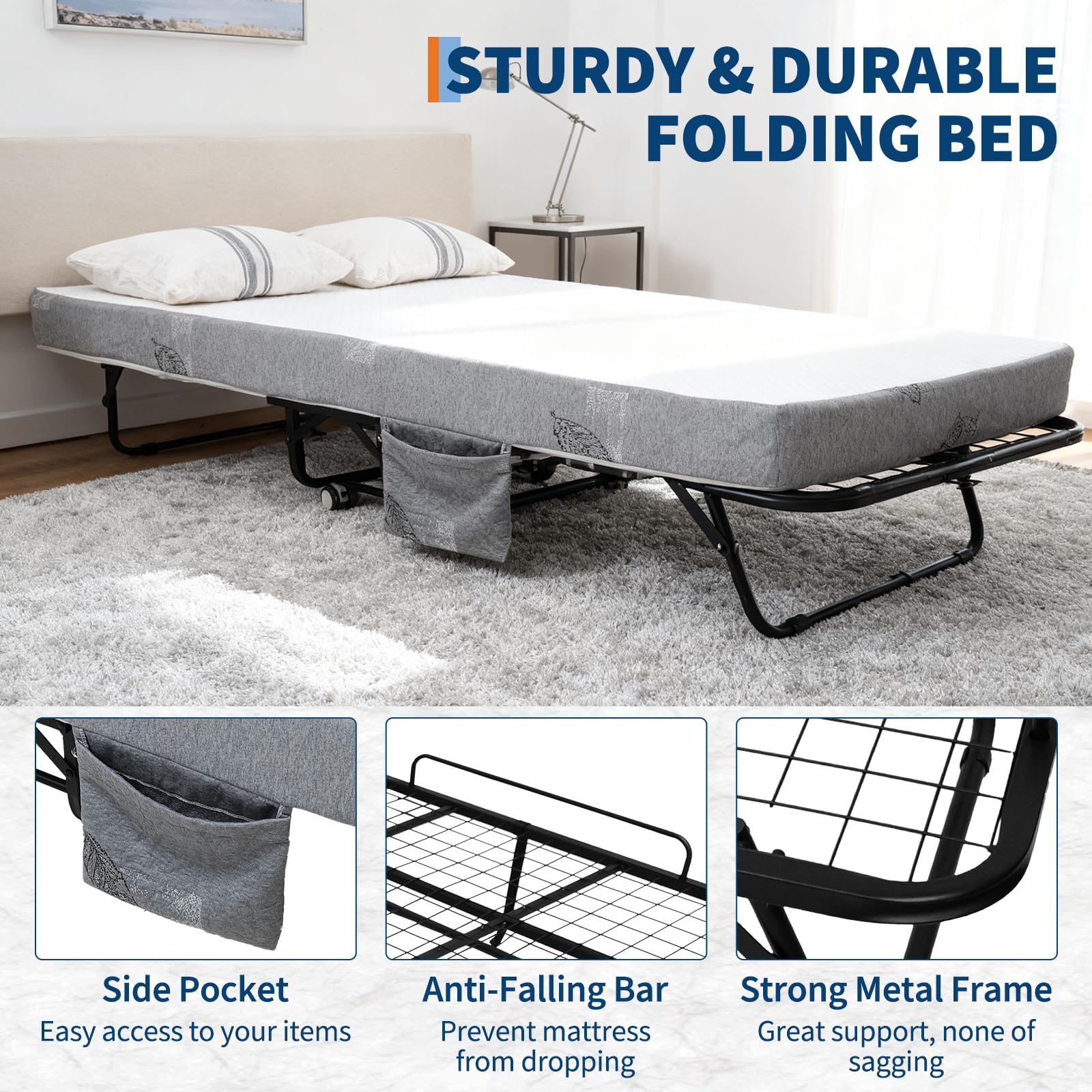 Garvee Feldbett mit Matratze Klappbar 190x114cm Gästebett Erwachsene | 15 cm Memory-Schaum-Matratze, Stahlrahmen 204 kg, 4 Rollen, faltbar und platzsparend, für Gäste, Camping, Büro, Wohnmobil
