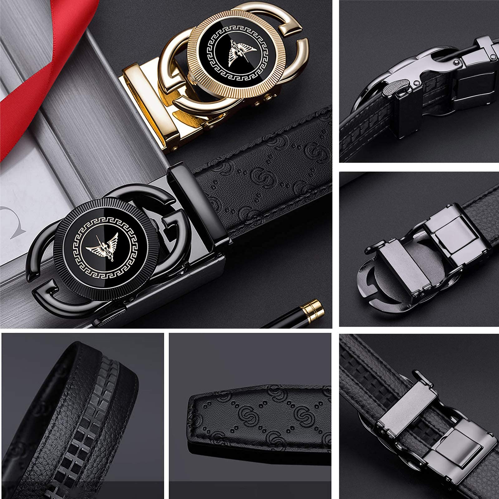 Cinturones de trinquete de cuero para hombre, hebilla automática con caja de cinturón, regalo para hombres, dorado (02-Gold) 2