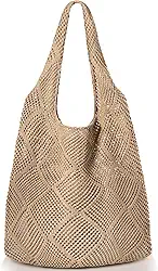 Bolsas de praia de palha para mulheres - Bolsa de ombro de tecido de verão, bolsa de praia grande para mulheres para férias, Cáqui novo, 14 x 14 x 14 inches