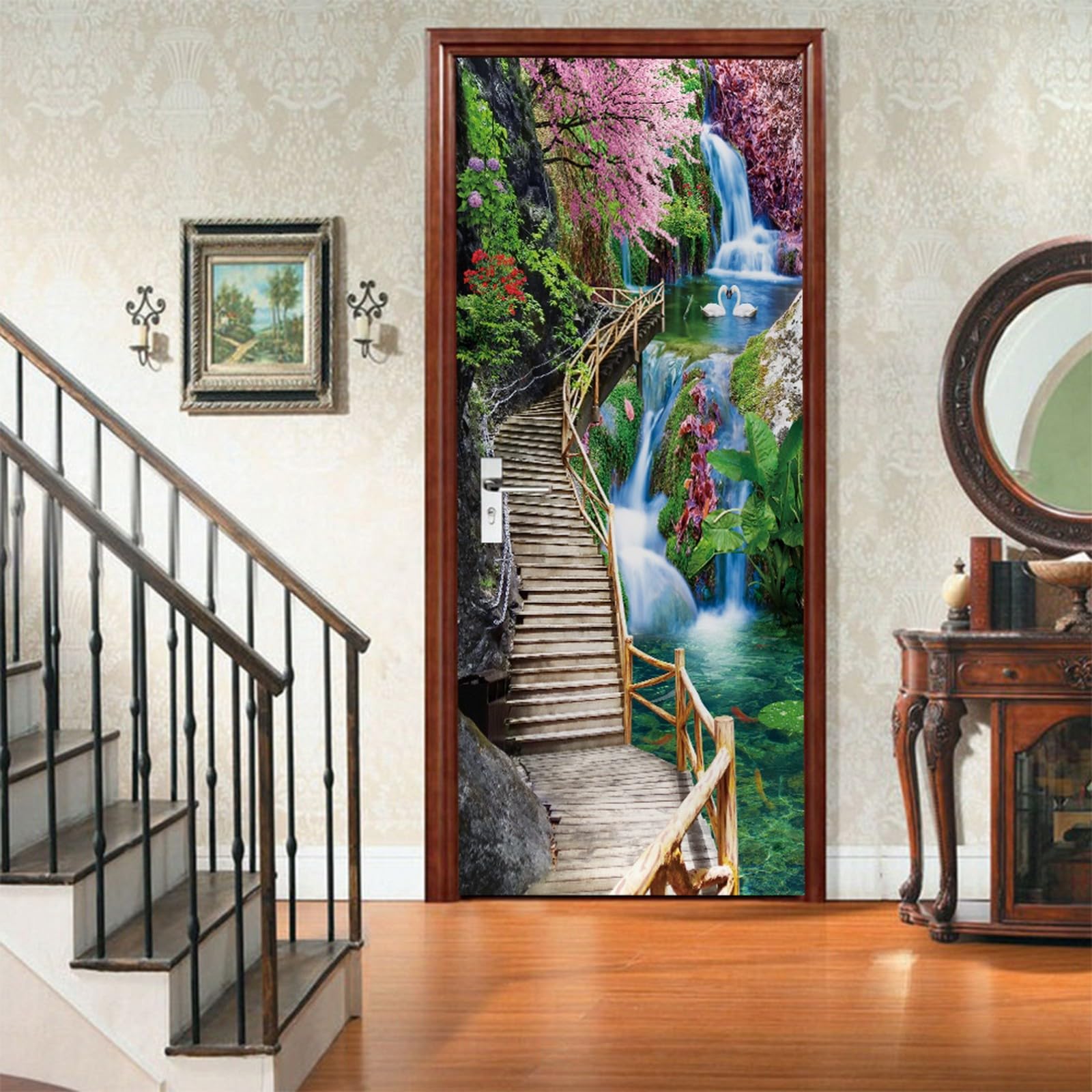 A.Monamour Adesivo Porta Autoadesiva 3D Passerella In Legno Fino Alla Cima Del Paesaggio Del Giardino A Cascata Vinile PVC Adesivi per Porte Interne Pellicola Adesiva Poster Murale Parete 90x200cm