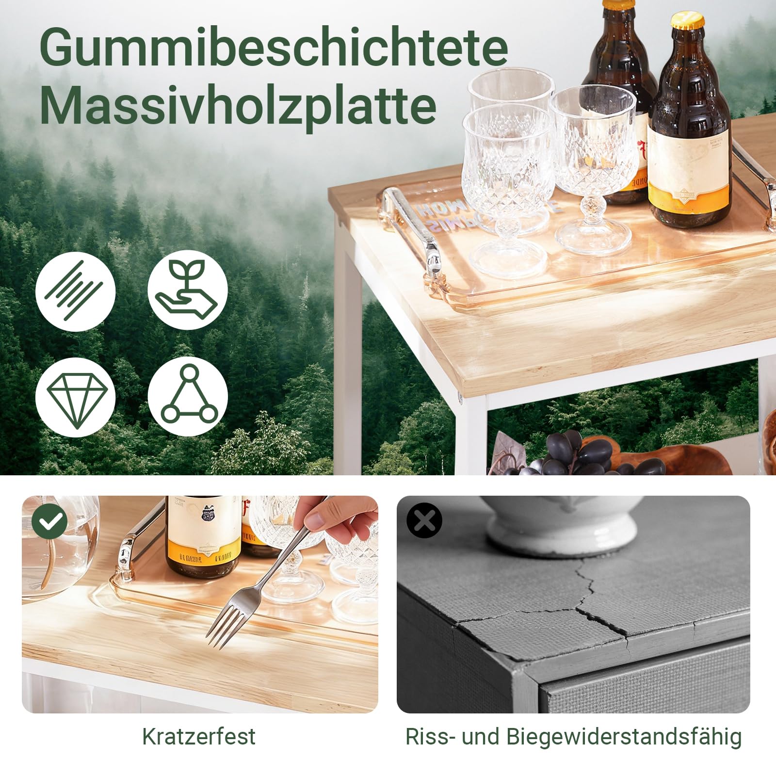 SoBuy Servierwagen mit Rollen Rollwagen mit Schubladen Küchenwagen Beistelltisch Holz mit 3 Ablagen Metall Küchenregal im modernen Design für Küche & Haushalt 89x53x37cm Weißnatur FKW111-WN