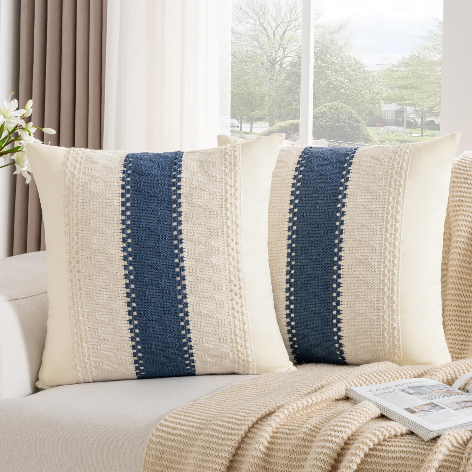 Sofa Pillow Covers 45 x 45, Pack Of 2 Boho Decorative Navy Blue Cushion Covers, Modern Farmhouse Geometric Woven Textured Throw Pillow Cases, For Couch Bed Living Room Bedroom Garden Decoration โ image 1