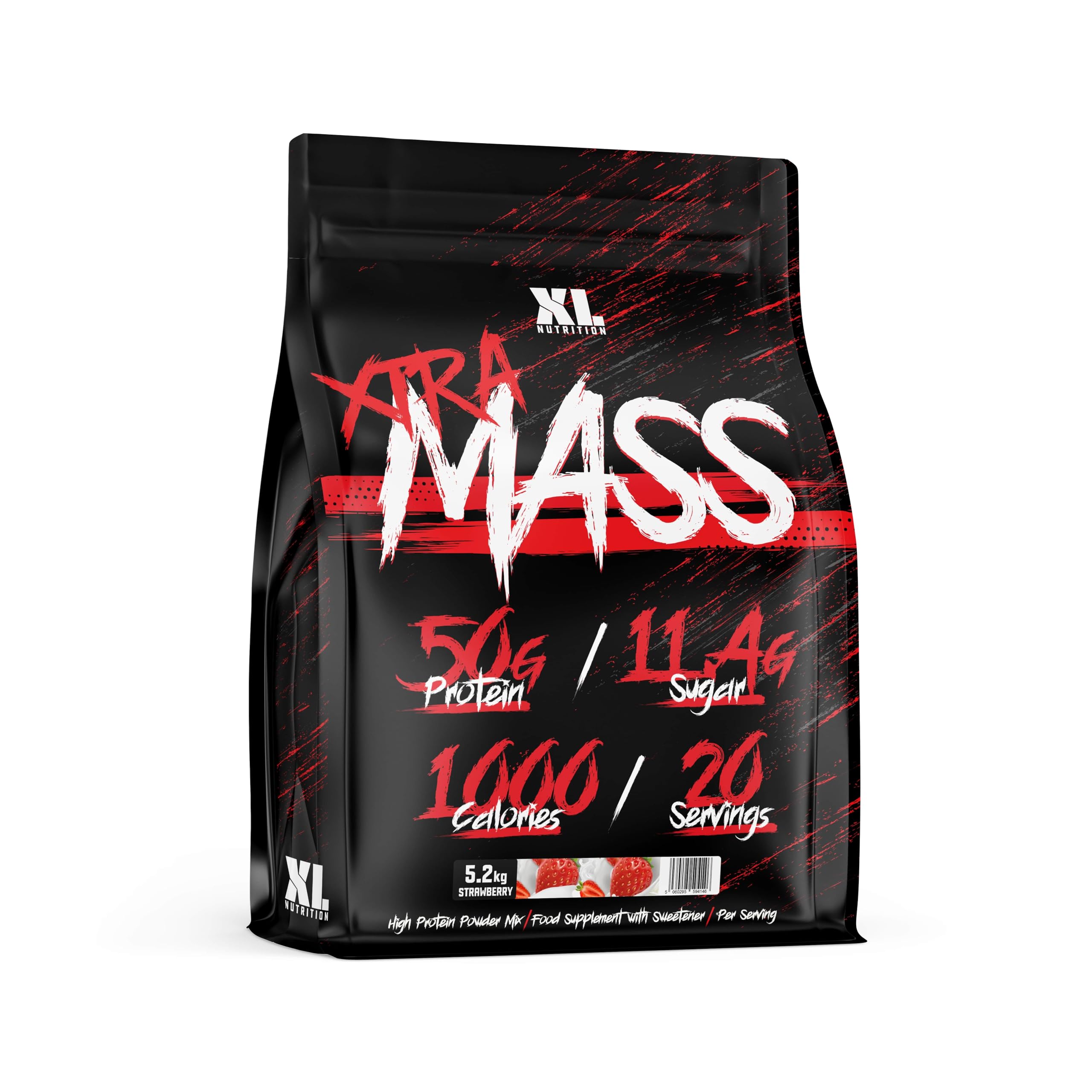 Xtra Mass 5.2kg Mass Gainer - Serious Mass Protein Powder - 50g Protein, 1000 Calories, Creatine Monohydrate, BCAA, Glutamine - 20 Servings, Strawberry Flavour