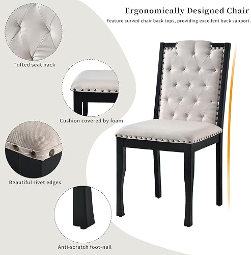 Miniatura 5 de Merax Juego de mesa de comedor de 6 piezas, mesa rectangular de madera maciza de 60 pulgadas con 4 sillas tapizadas y 1 banco, casa de campo moderna