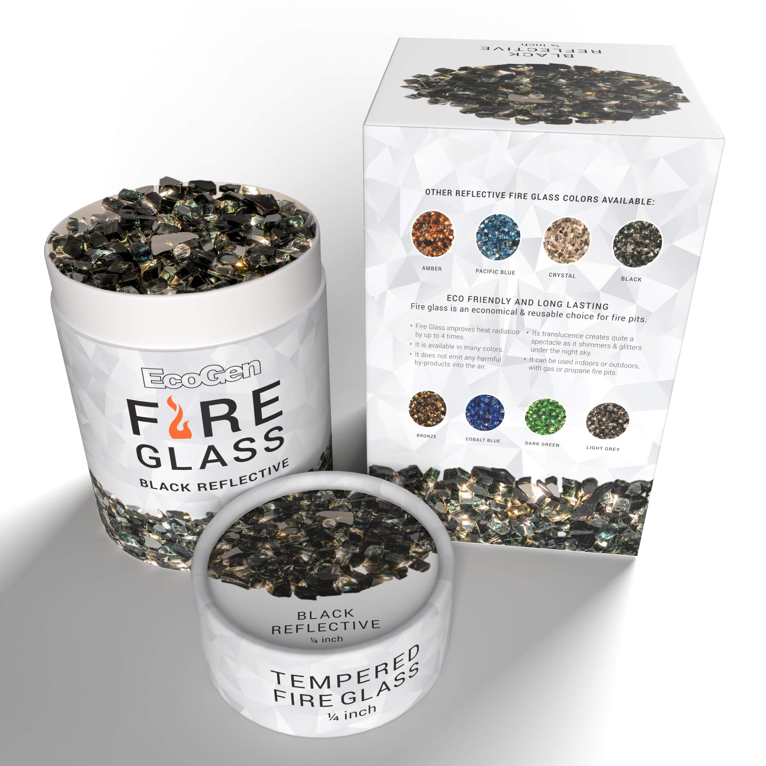 EcoGen Fire Glass Rocks for Outdoor Fire Pits and Indoor Fireplace, Color, Optimal Heat for Propane or Gas, Tempered and Reflective, Eco-Friendly Packaging, Black 1/4 inch Reflective 3oz Sample.
