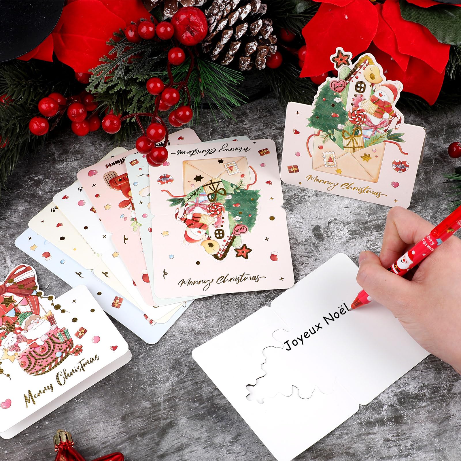 Cartes Joyeux Noel Dorée 6 Motifs Carte Postale Pliées 12PCS Cadeaux de Noël
