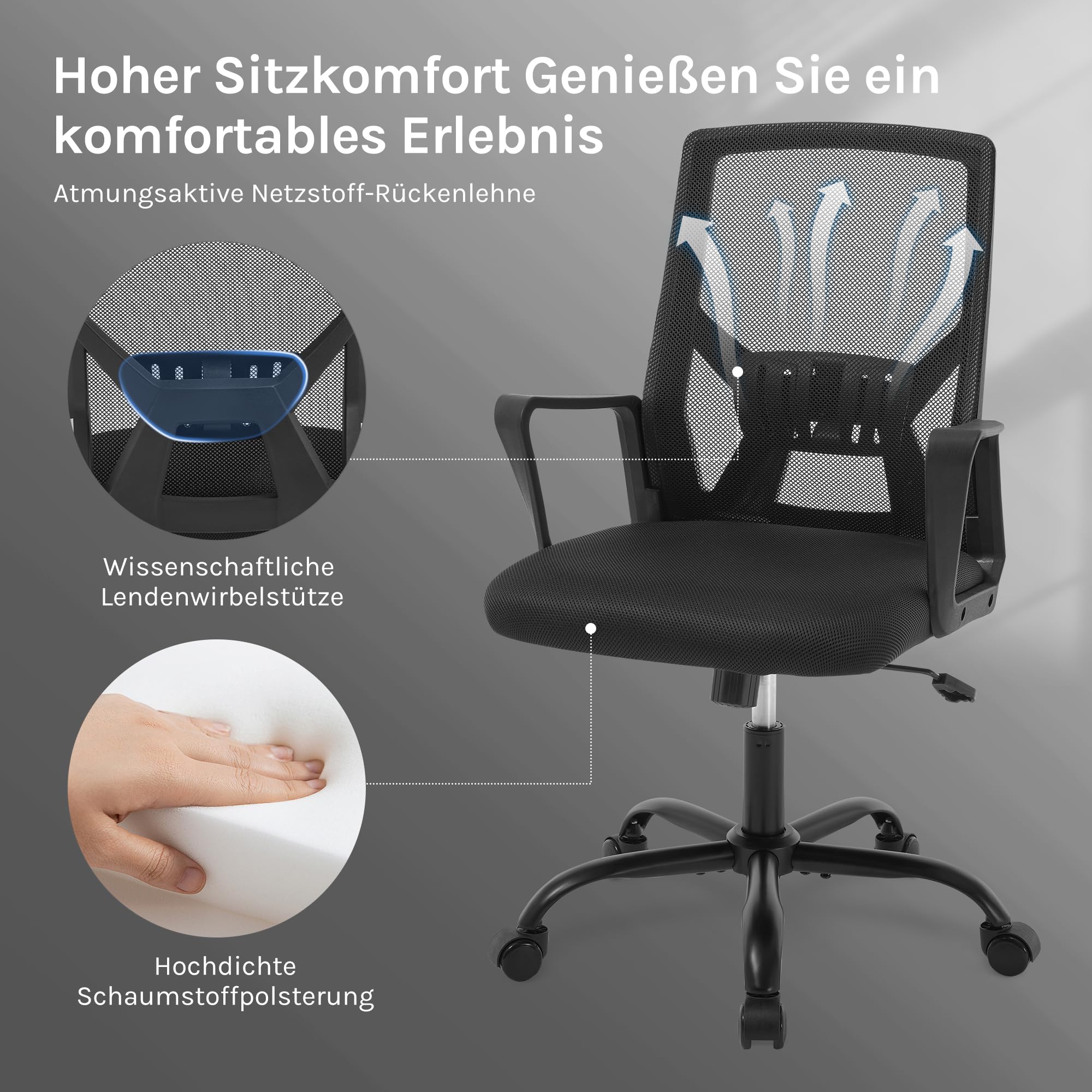Bürostuhl, Computerstuhl mit Faltbarer Rückenlehne Schwarz | 90° klappbare Rückenlehne, Lendenwirbelstütze, Höhenverstellbarer Arbeitsstuhl Drehstuhl, Netzstoff