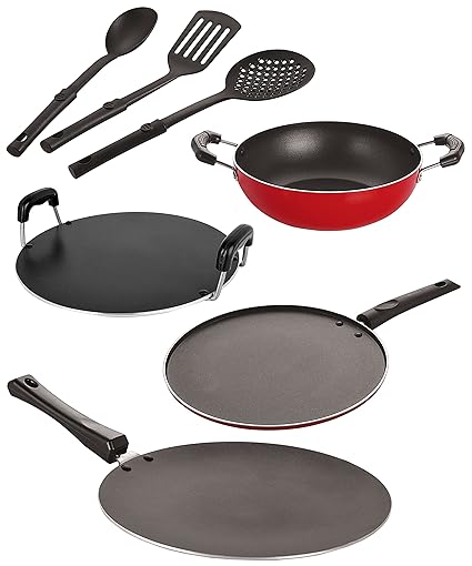 NIRLON Nonstick Coated Aluminium 7 Pcs Set of Concave Tawa-28.5cm,Kadhai-22cm,Round Tawa-28.5cm,Smart Tawa-26.5cm & 3 Spoon (2.6mm_CT12_KD12_RT_ST11_3SPN)