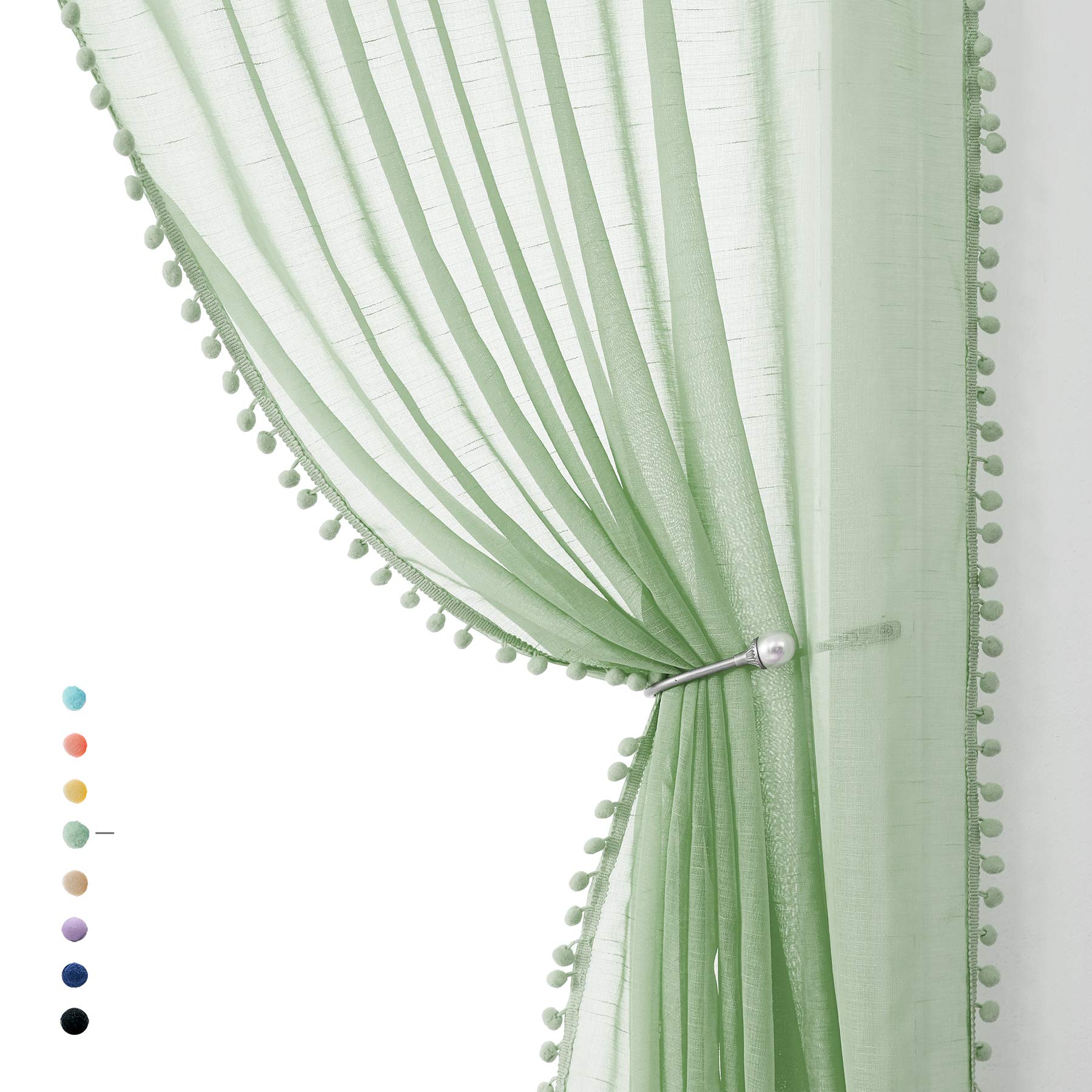 Treatmentex Pom-Pom Sheer Curtains for Living-Room Green 84inch Slub Linen Textured Forest Sage Sheer Drapes for Birthday Party Décor 52" w, 2 Panels Rod Pocket
