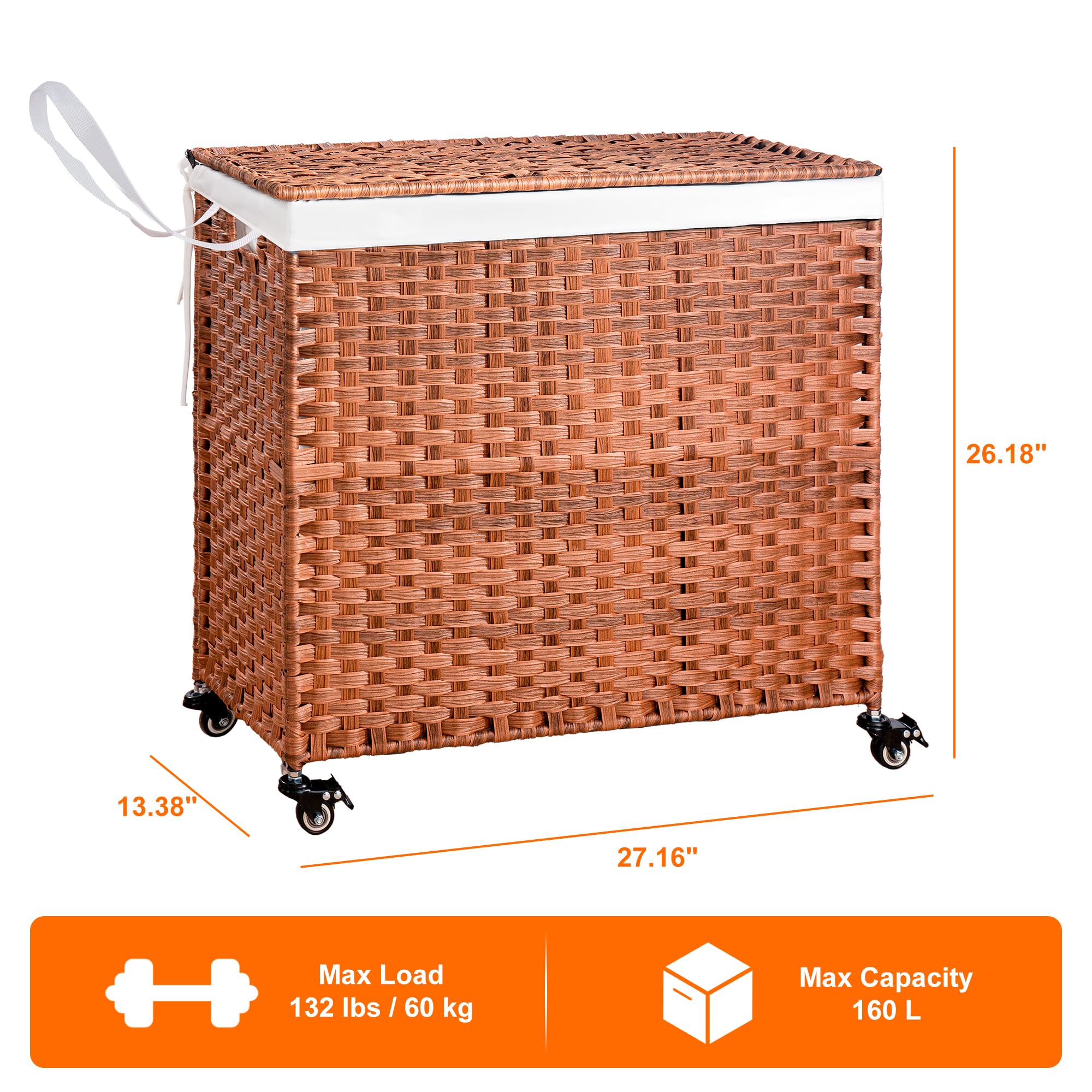 HYCHIKA - Cesto portabiancheria con coperchio e ruote, 160 l, cesto portabiancheria in vimini con borse e manici rimovibili, cesto in tessuto a 2 sezioni per camera da letto e bagno (70 x 34 x 67 cm)