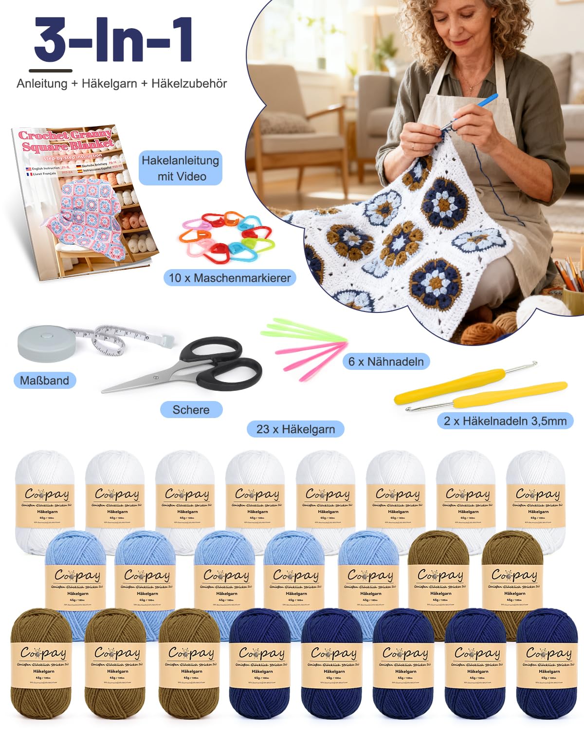 Coopay Granny Square - Set di uncinetti per principianti e professionisti, set completo per uncinetto con filato per uncinetto, istruzioni (lingua italiana non garantita), video tutorial, set di